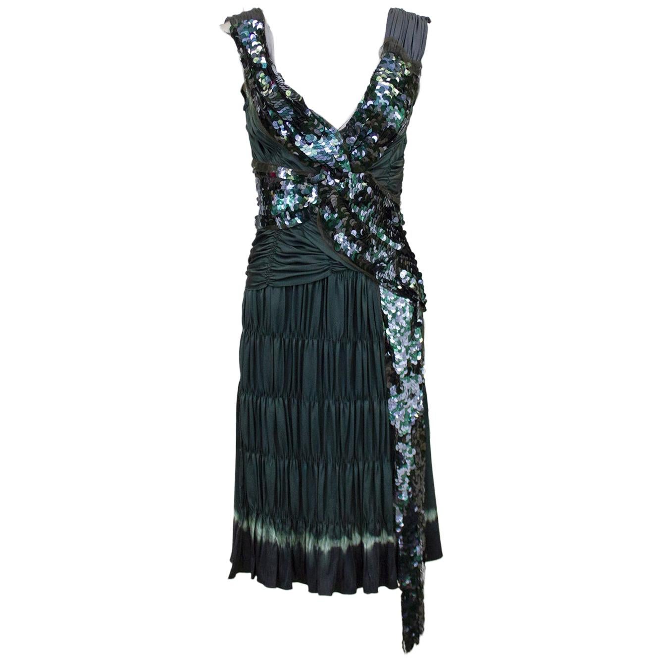 Early 2000s Prada Olive/Grey Sequin & Ruched Pleated Cocktail Dress 