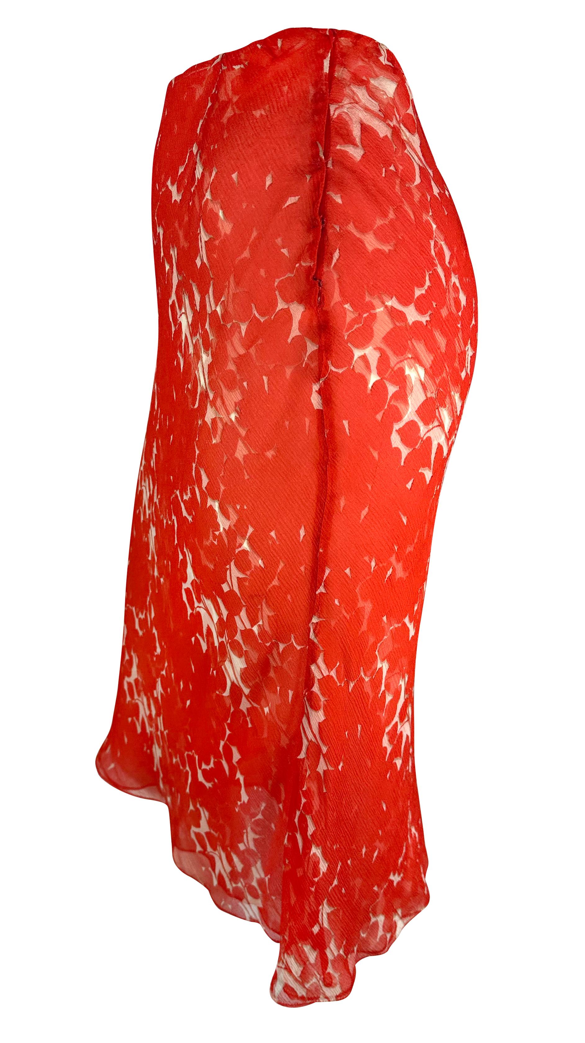 Early 2000s Prada Red Floral Semi-Sheer Chiffon Midi Skirt In Excellent Condition In West Hollywood, CA