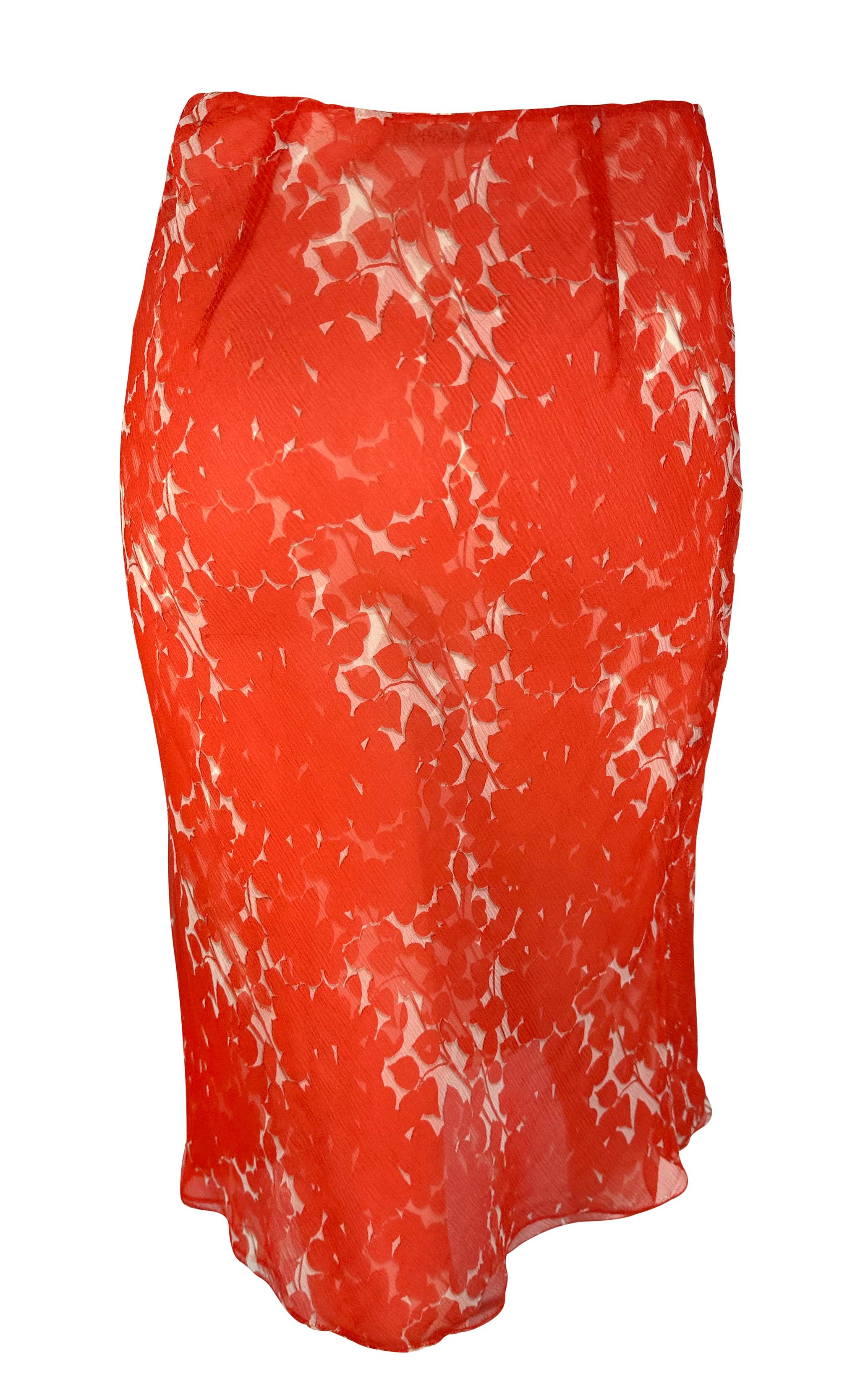 Women's Early 2000s Prada Red Floral Semi-Sheer Chiffon Midi Skirt