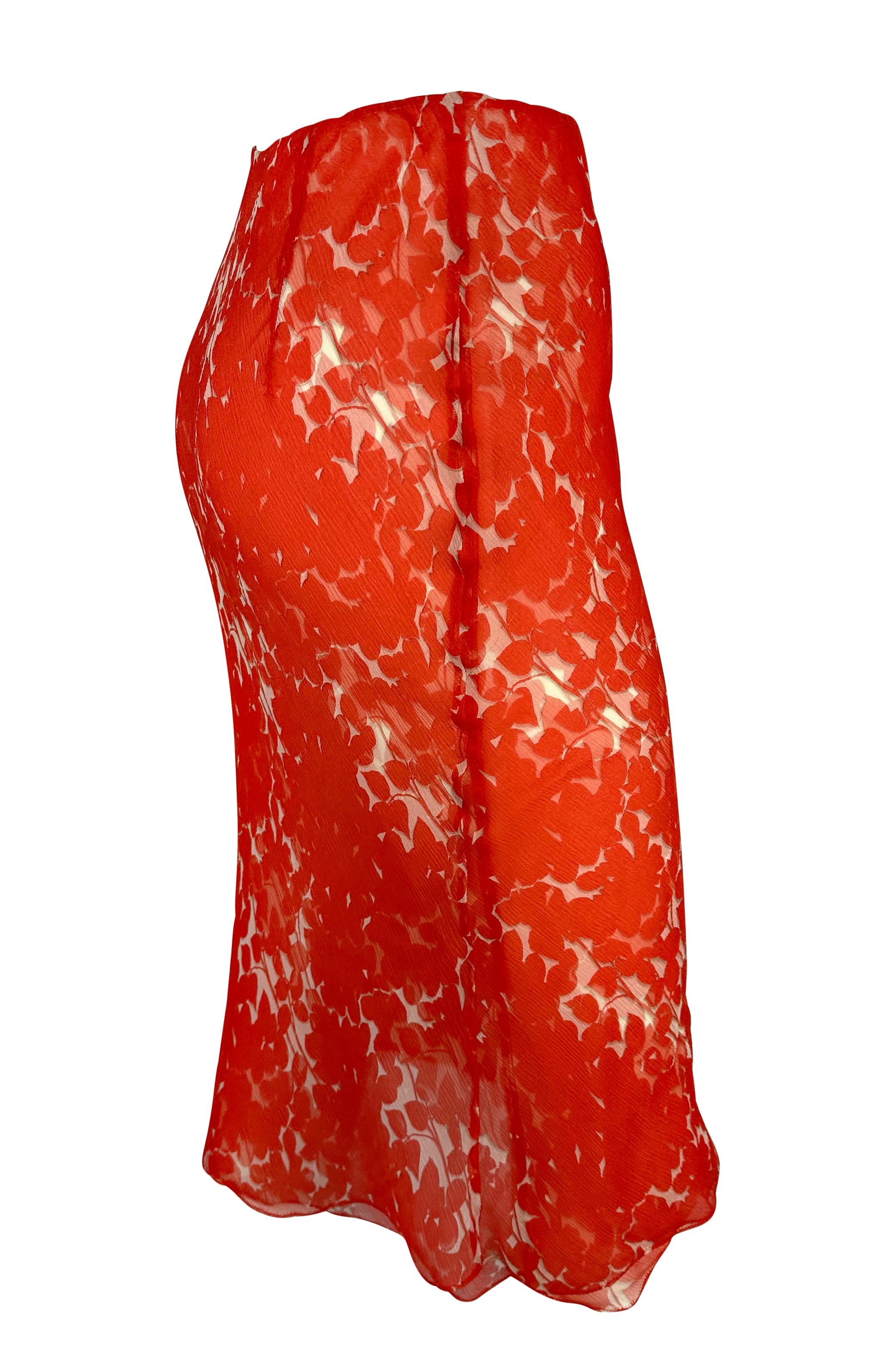 Early 2000s Prada Red Floral Semi-Sheer Chiffon Midi Skirt 1