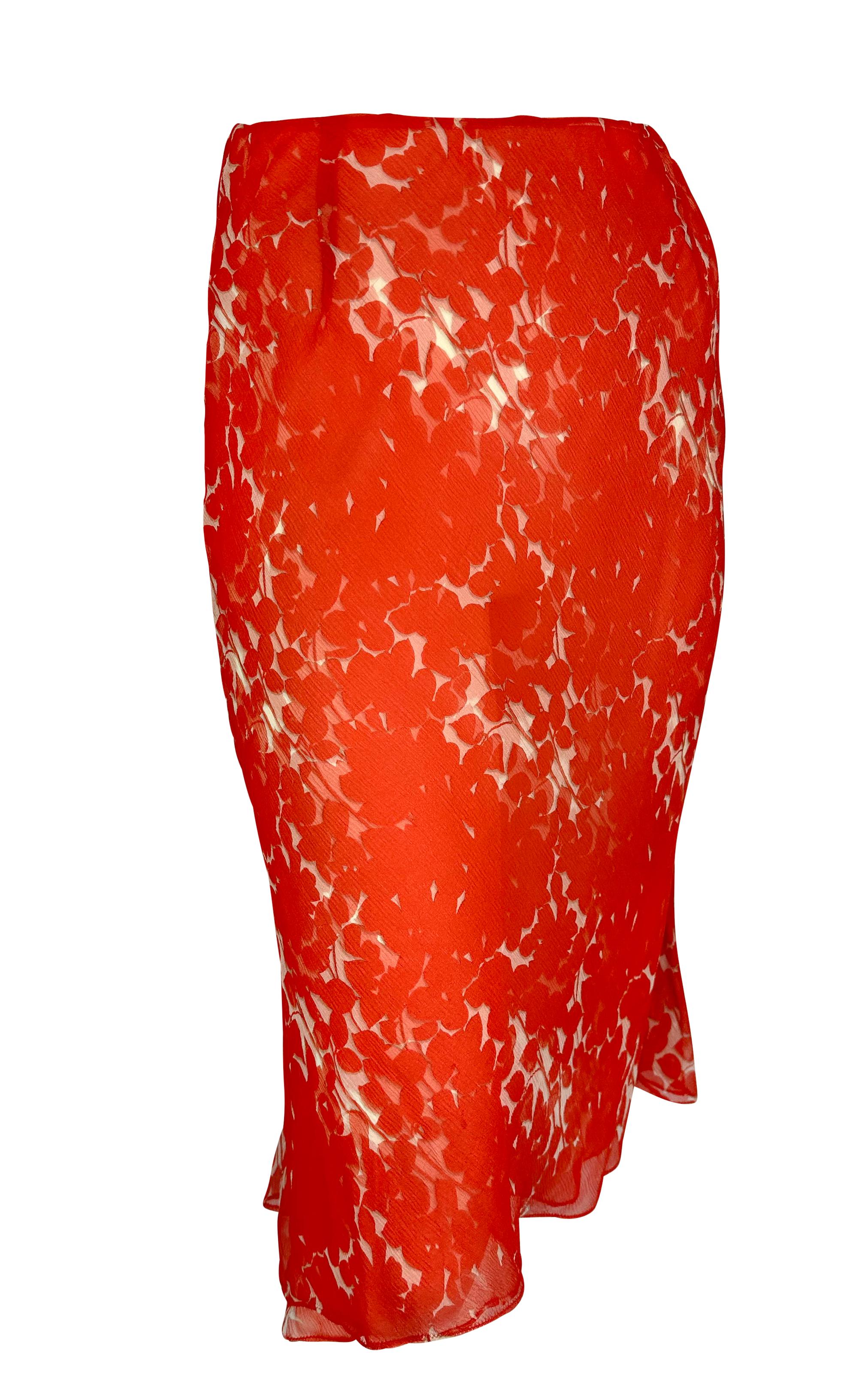 Early 2000s Prada Red Floral Semi-Sheer Chiffon Midi Skirt 2