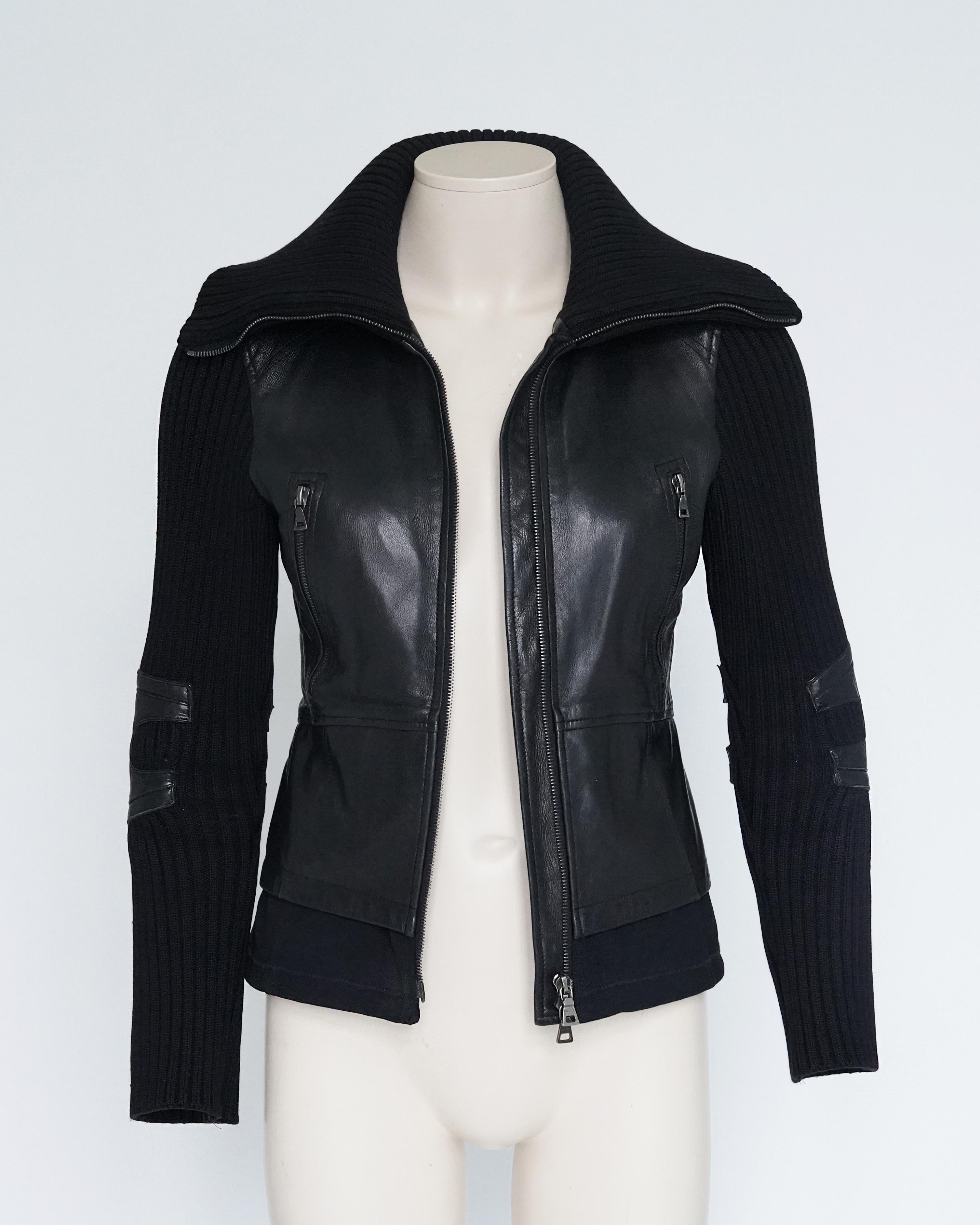 Early 2000s Prada Sport Black Leather & Wool Hybrid 2-Way Zip Jacket For Sale 6