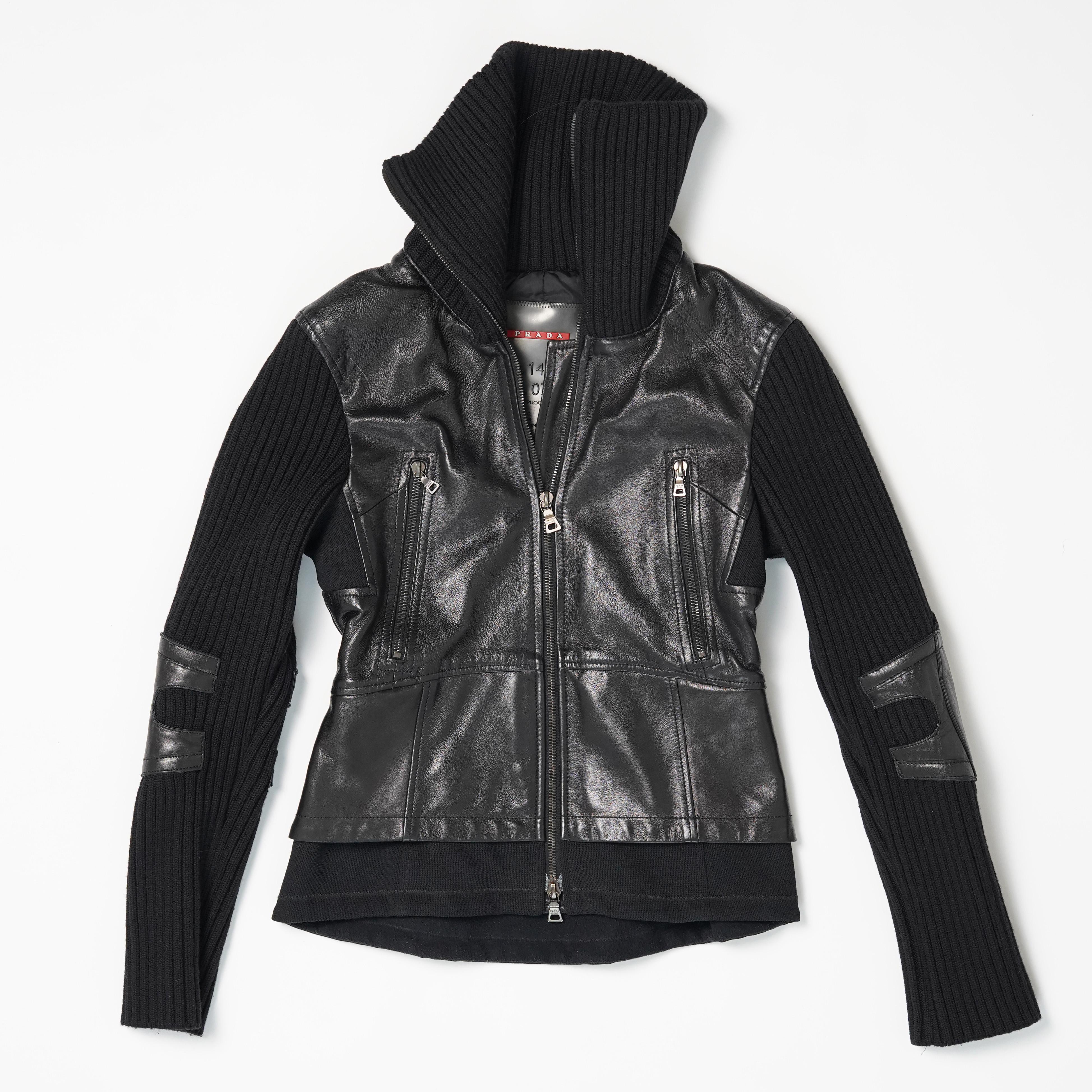 Early 2000s Prada Sport Black Leather & Wool Hybrid 2-Way Zip Jacket For Sale 9