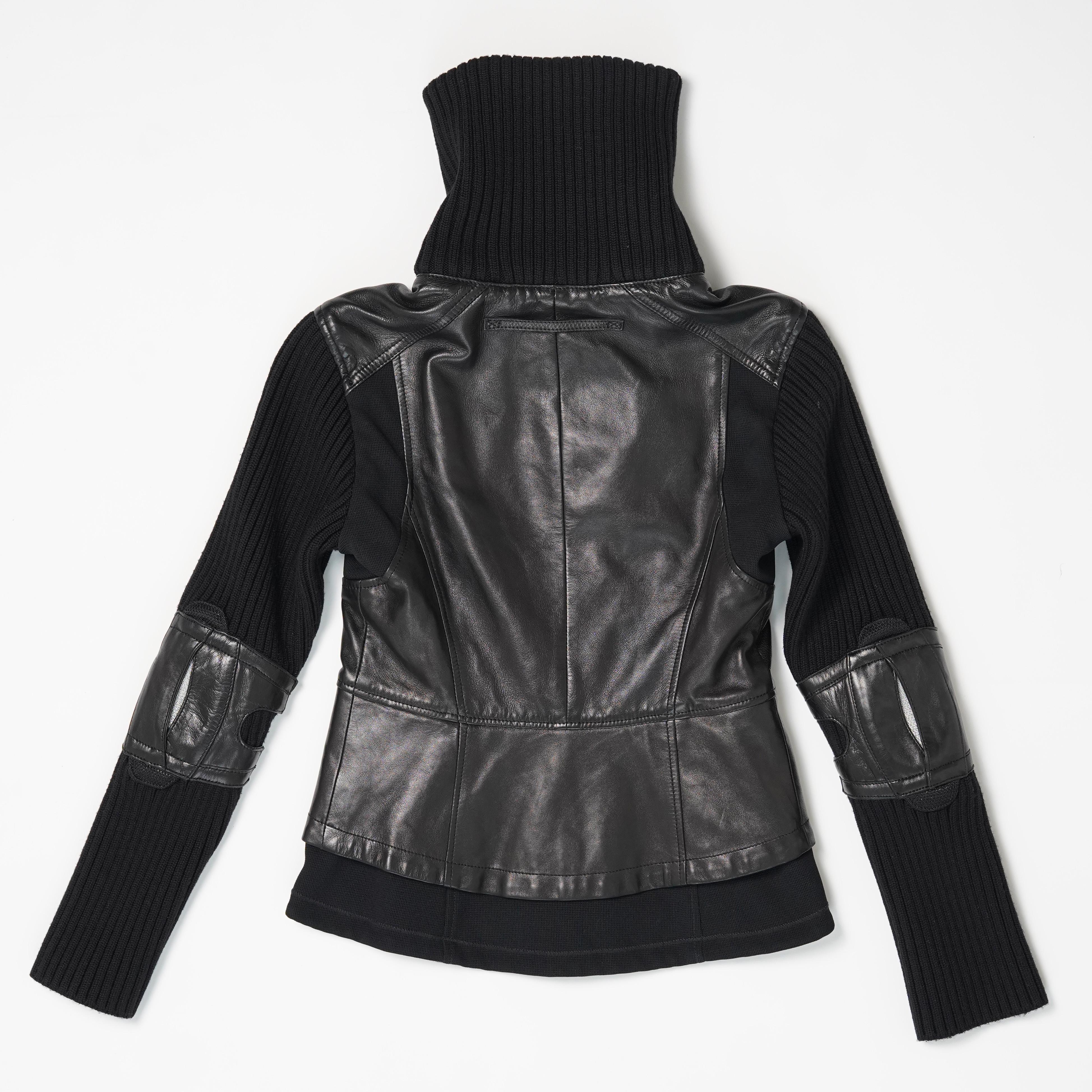 Early 2000s Prada Sport Black Leather & Wool Hybrid 2-Way Zip Jacket For Sale 10