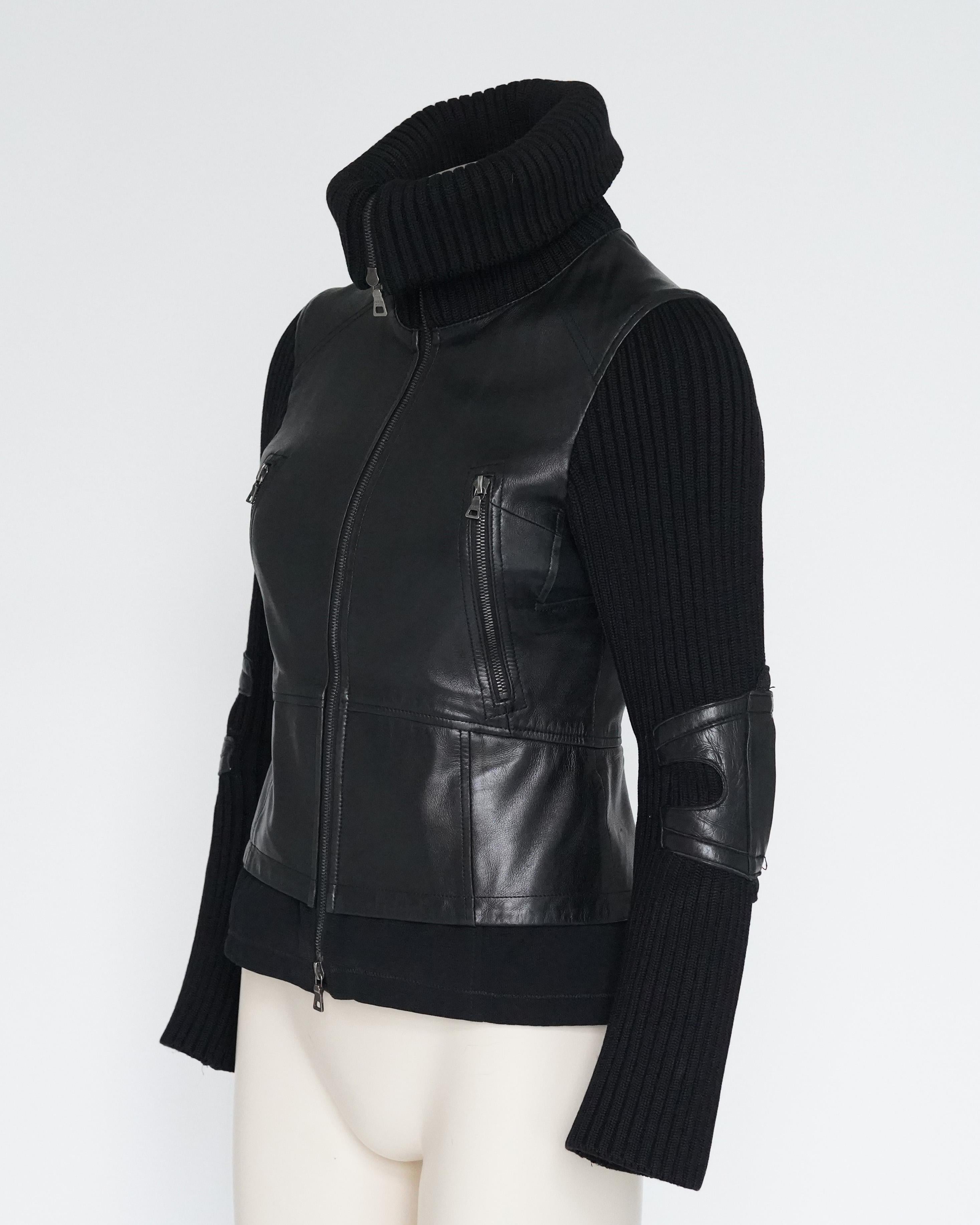 Early 2000s Prada Sport Black Leather & Wool Hybrid 2-Way Zip Jacket For Sale 4