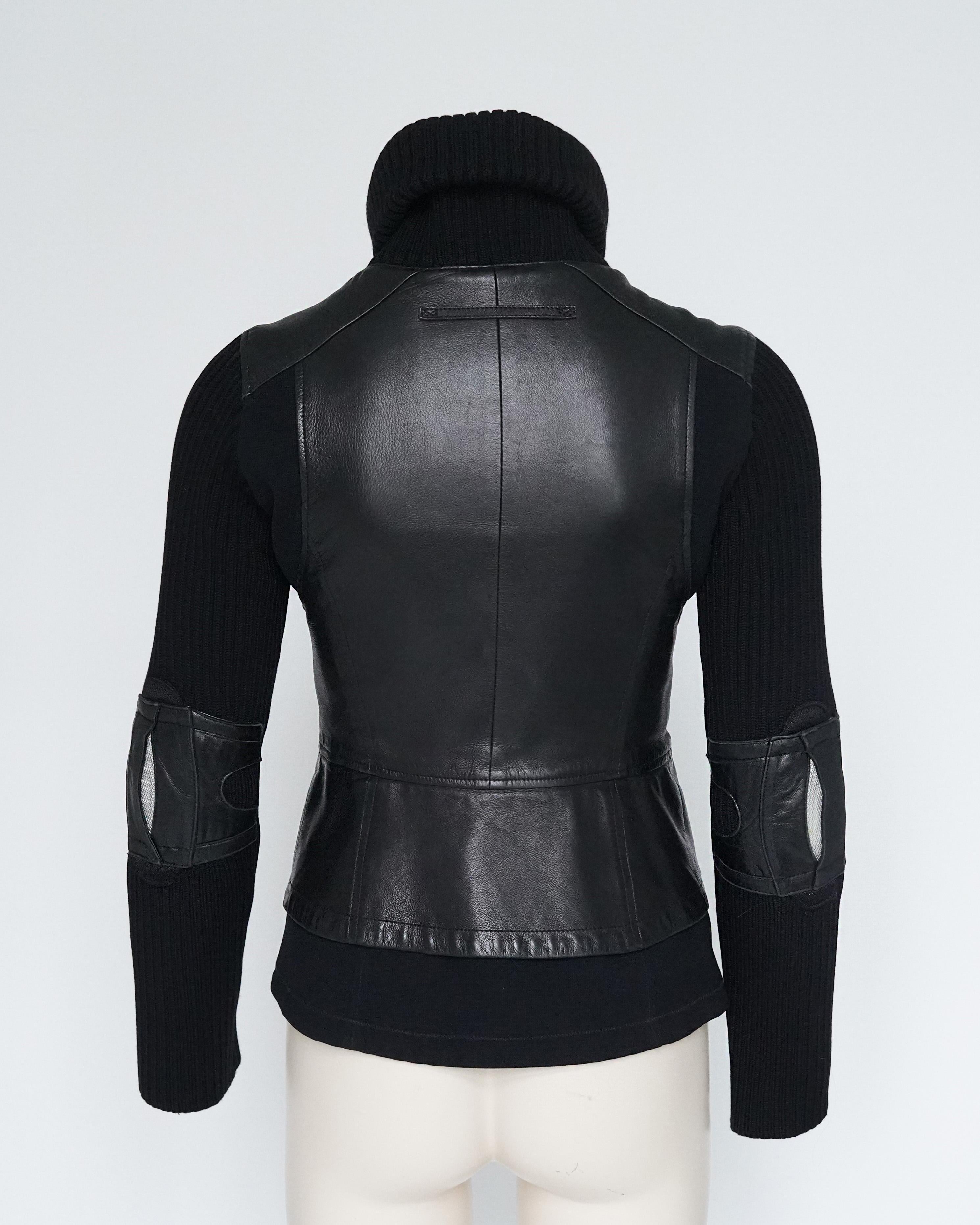 Early 2000s Prada Sport Black Leather & Wool Hybrid 2-Way Zip Jacket For Sale 5