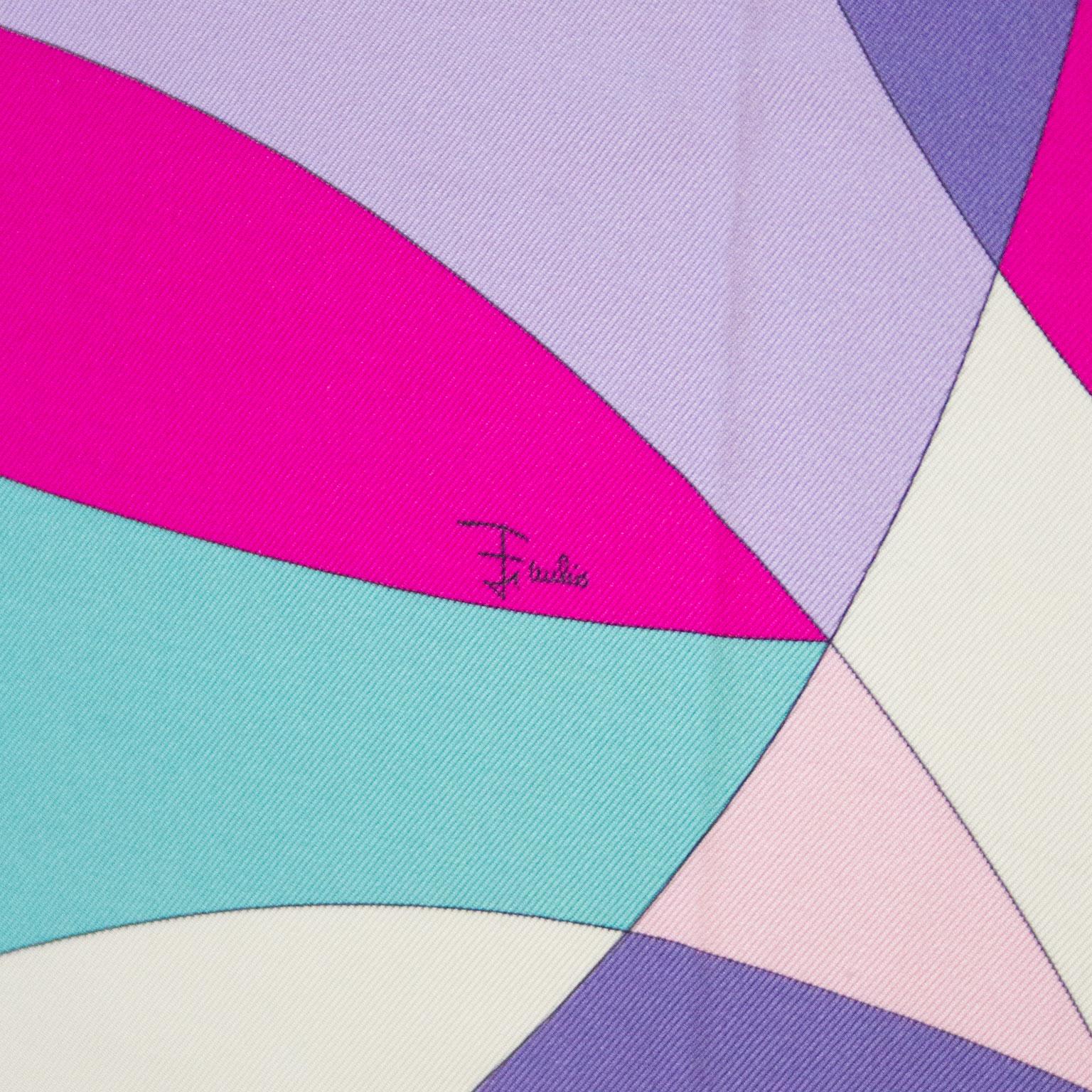 Women's or Men's Early 2000s Pucci Pink, Purple and Chartreuse Printed Silk Mini Scarf
