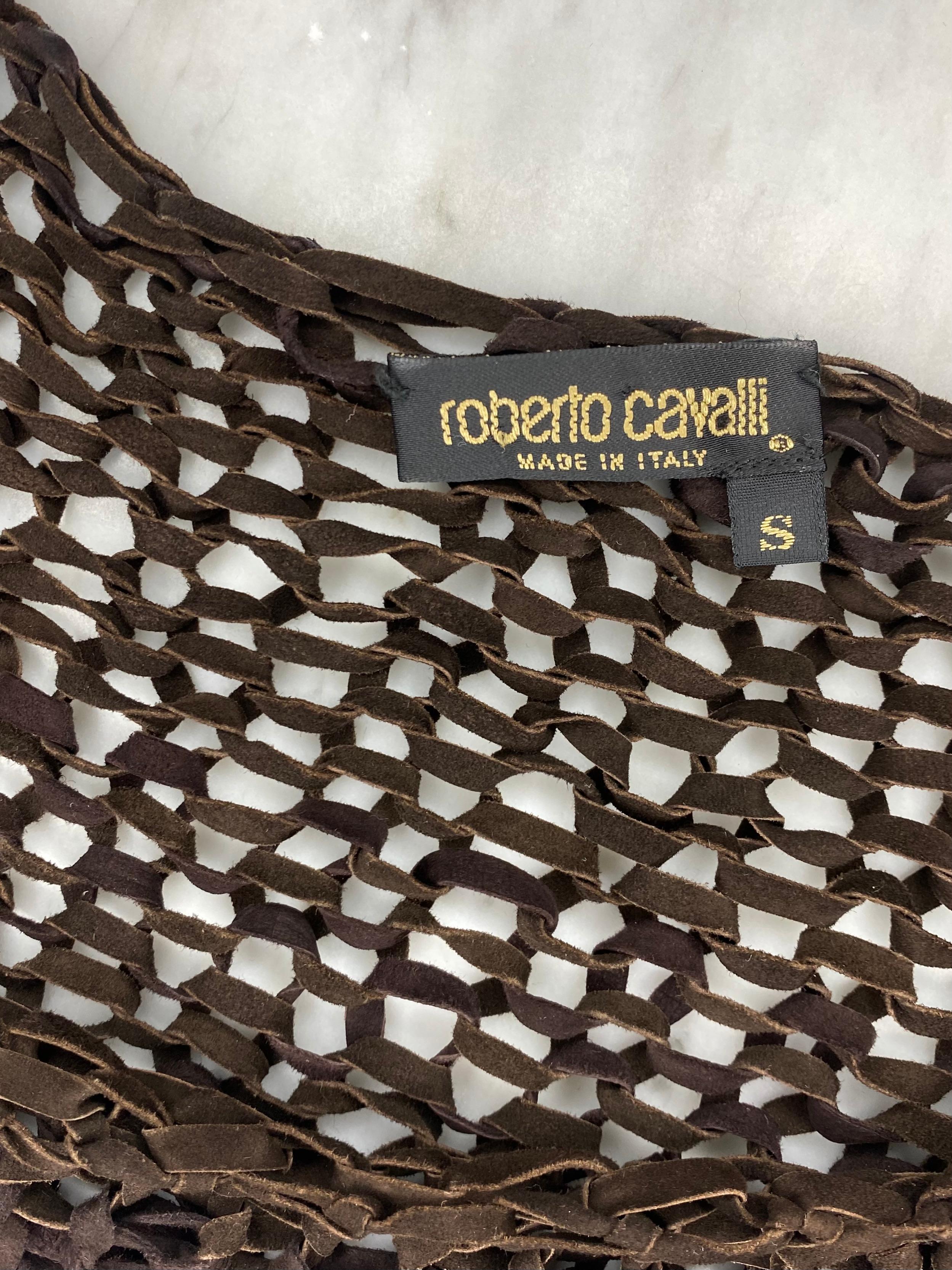 Women's Early 2000s Roberto Cavalli Brown Suede Woven Sheer Crop Top
