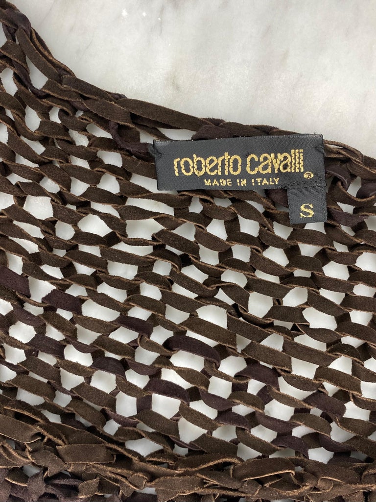 Early 2000s Roberto Cavalli Brown Suede Woven Sheer Crop Top For Sale 2