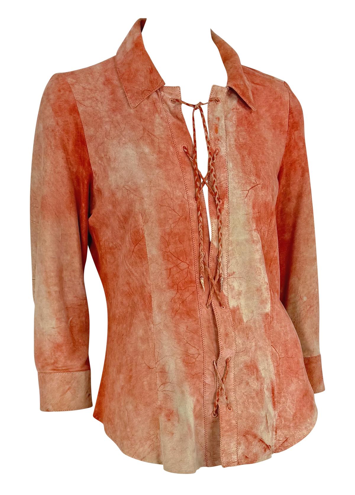 Principios de la década de 2000 Roberto Cavalli Ante teñido de naranja Top de encaje con escote en pico en venta 2