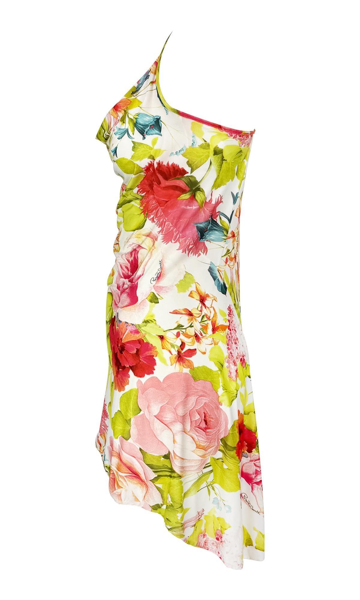 Roberto Cavalli Rosa geblümtes Slip-Minikleid aus den frühen 2000ern (Beige) im Angebot