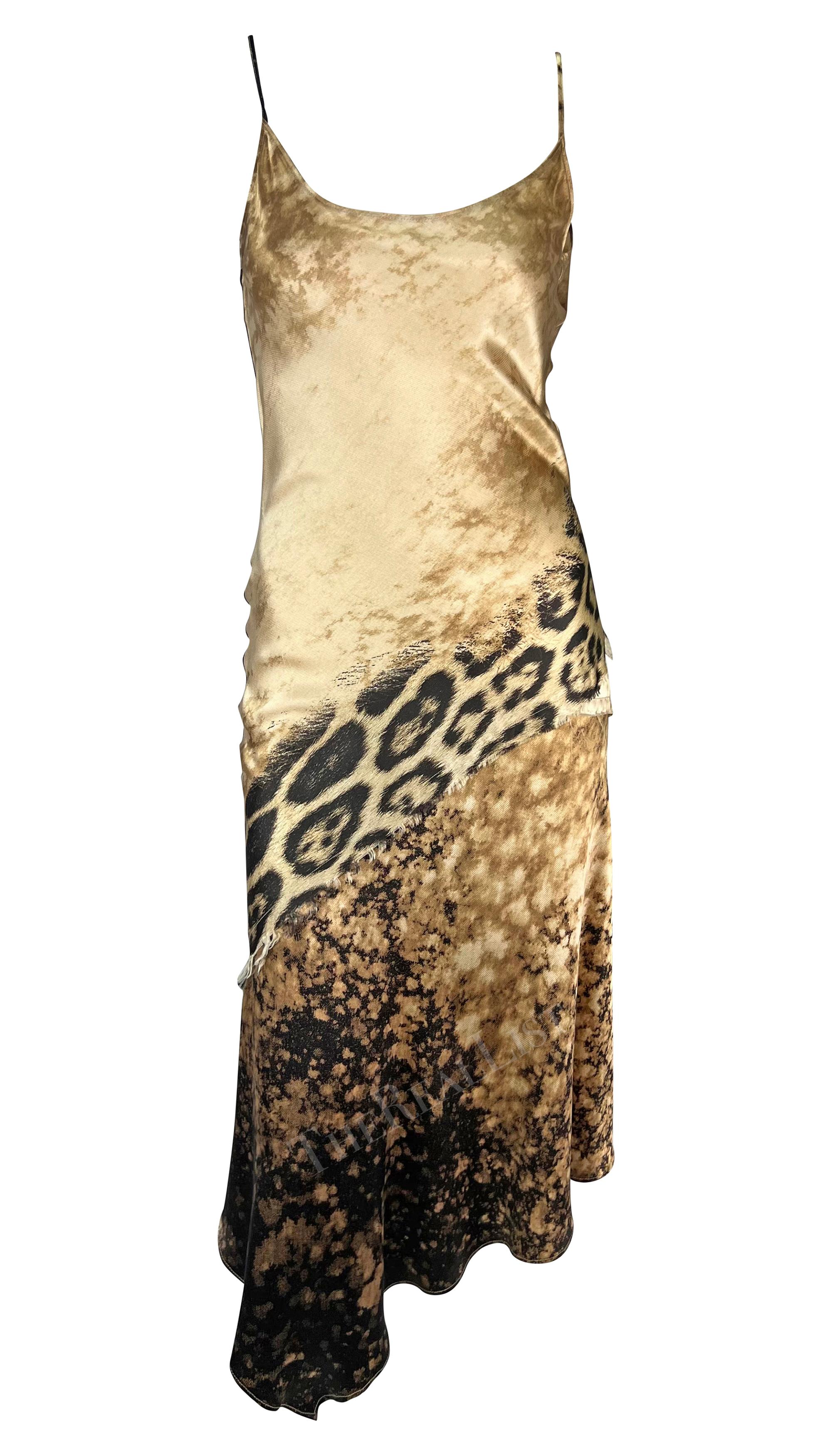 Women's Early 2000s Roberto Cavalli Tan Cheetah Print Silk Slip Midi Dress For Sale