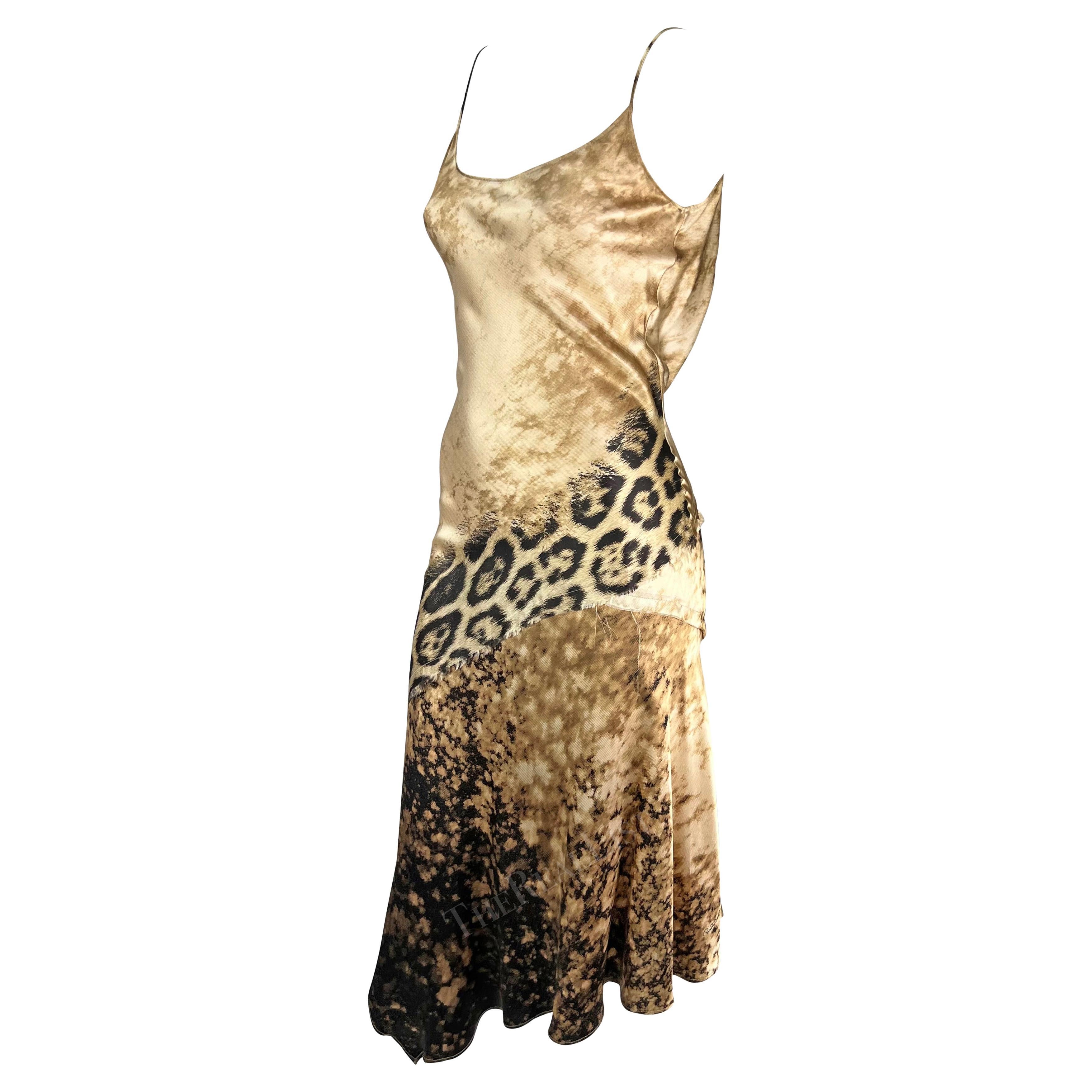 Early 2000s Roberto Cavalli Tan Cheetah Print Silk Slip Midi Dress For Sale