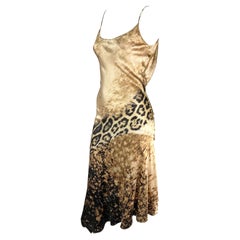 Early 2000s Roberto Cavalli Tan Cheetah Print Silk Slip Midi Dress