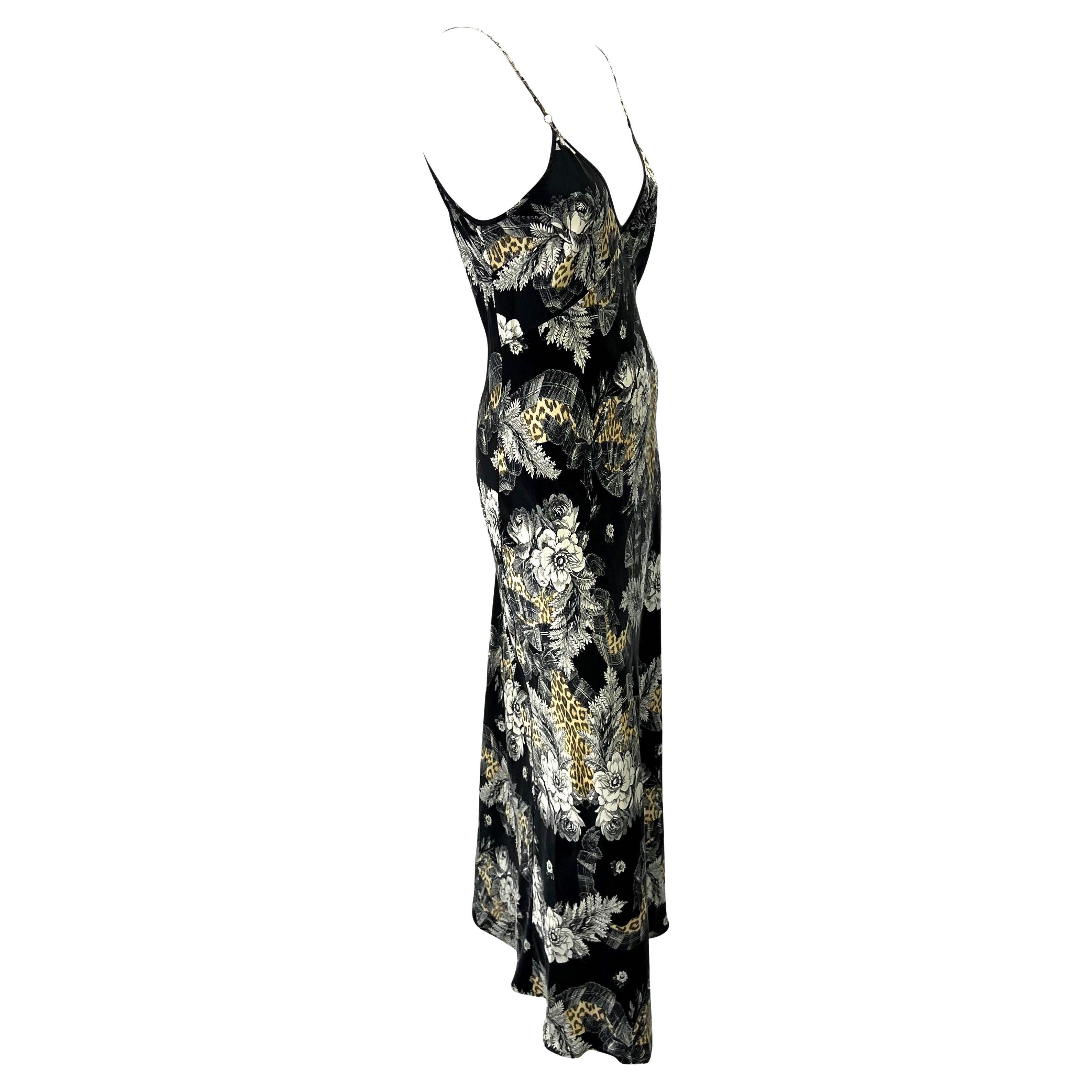 Black Early 2000s Roberto Cavalli Underwear Silk Floral Cheetah Print Slip Dress For Sale