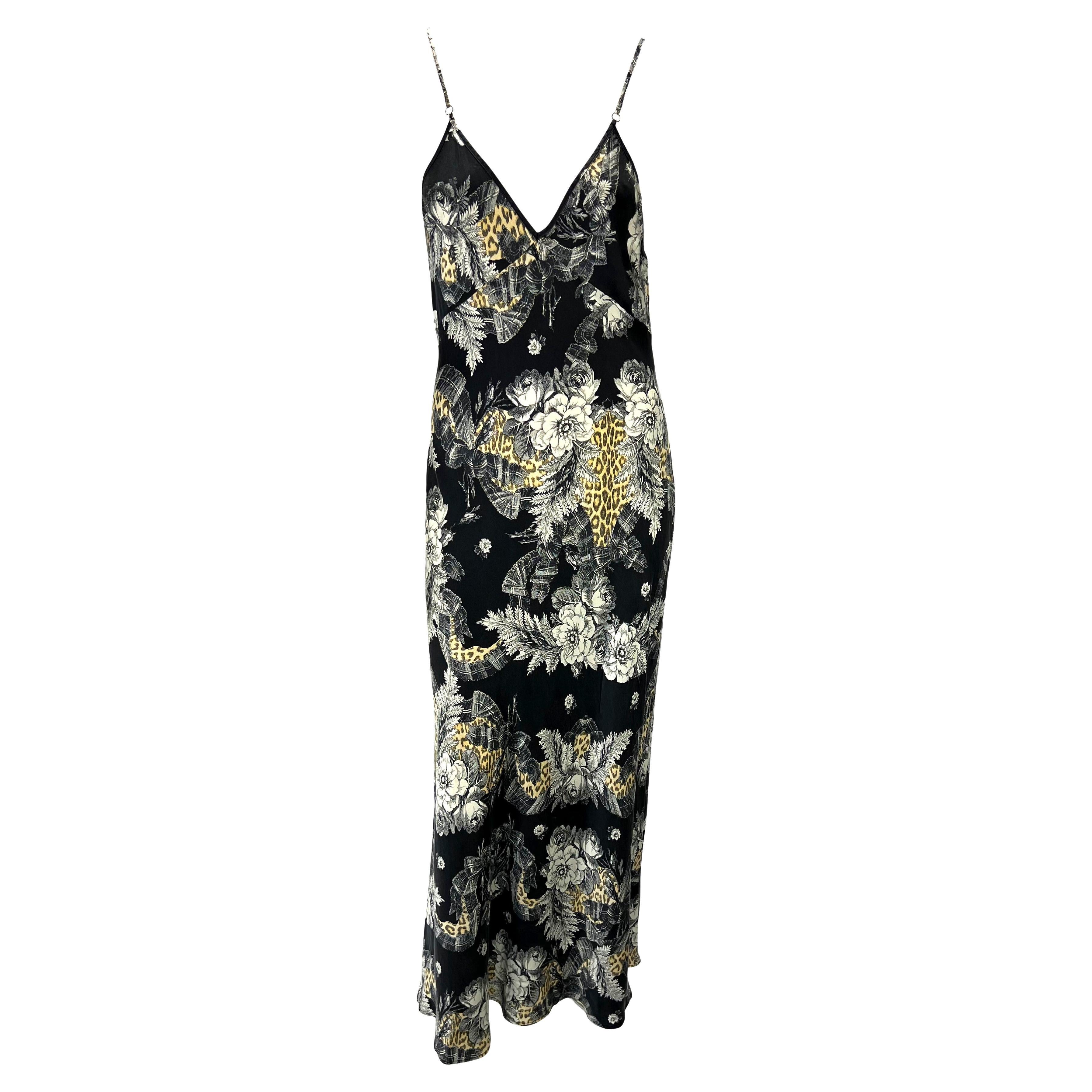 Early 2000s Roberto Cavalli Underwear Silk Floral Cheetah Print Slip Dress For Sale