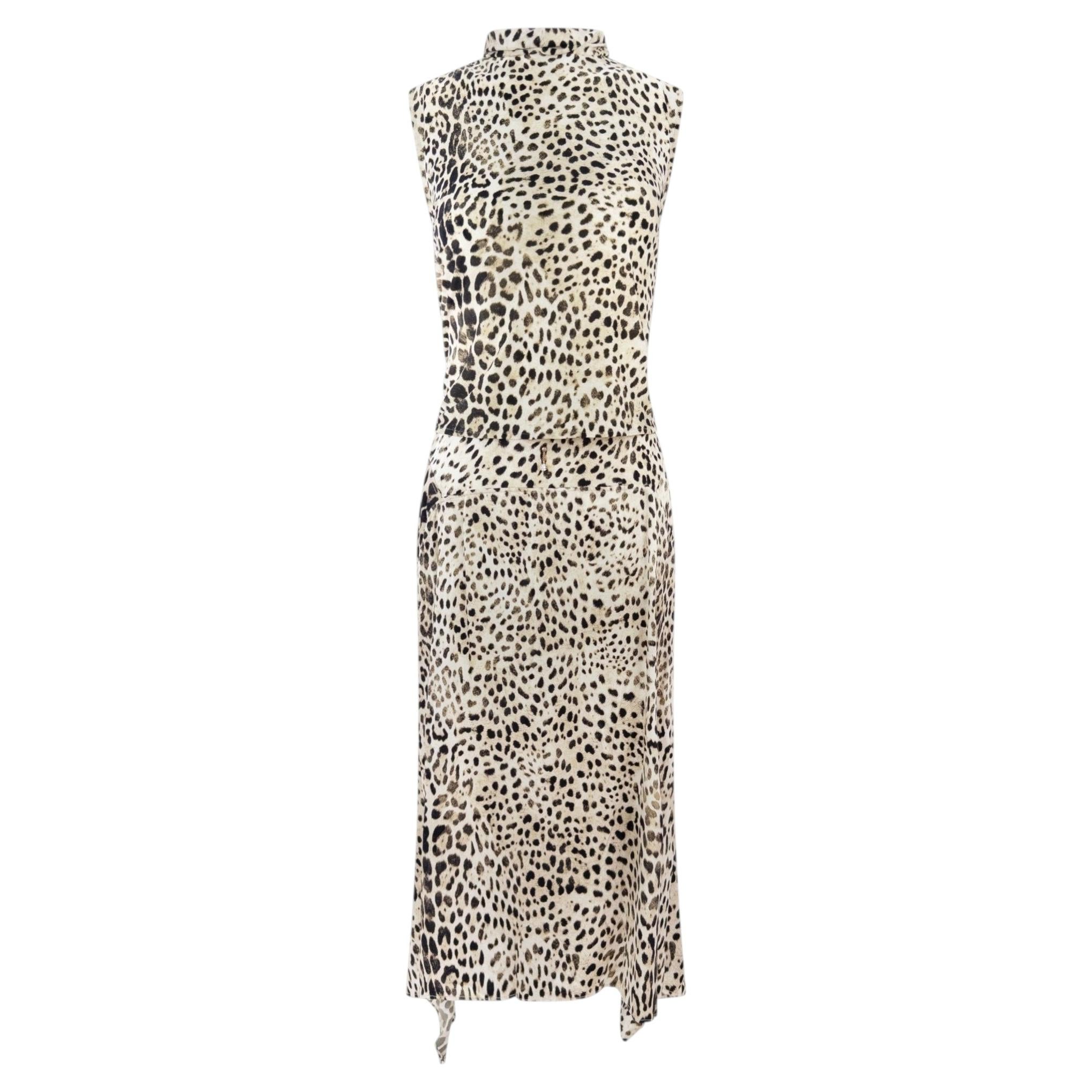 Early 2000s Roberto Cavalli White Leopard Print Satin Bodycon Skirt Top Set L