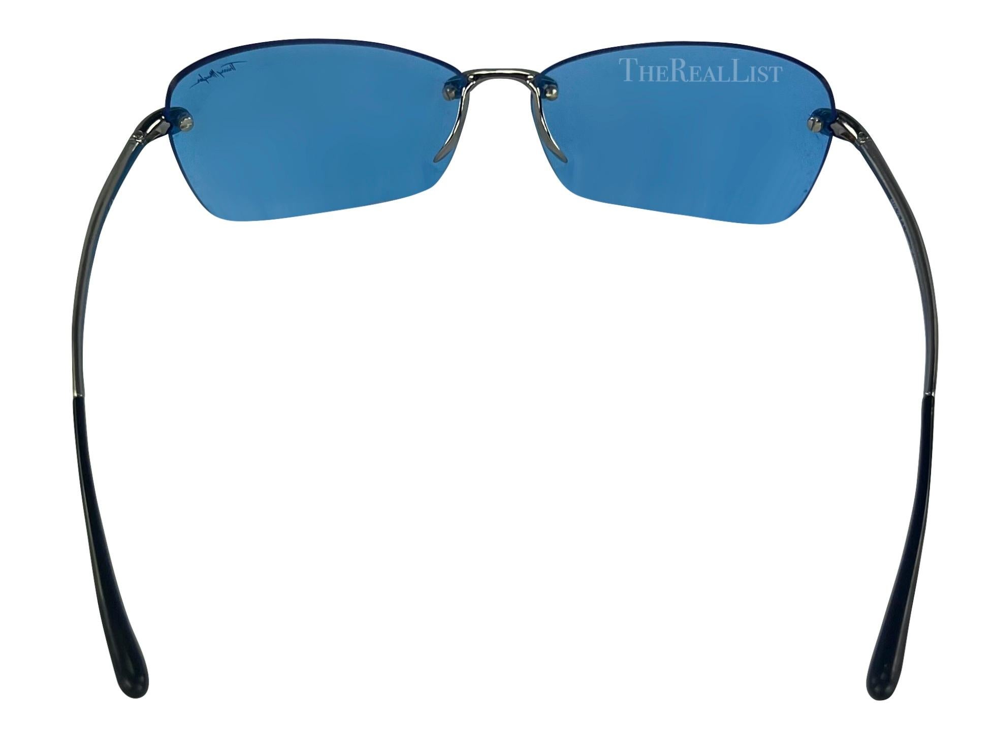 Début des années 2000 - Lunettes de soleil Thierry Mugler bleues, rectangulaires et sans monture  en vente 2