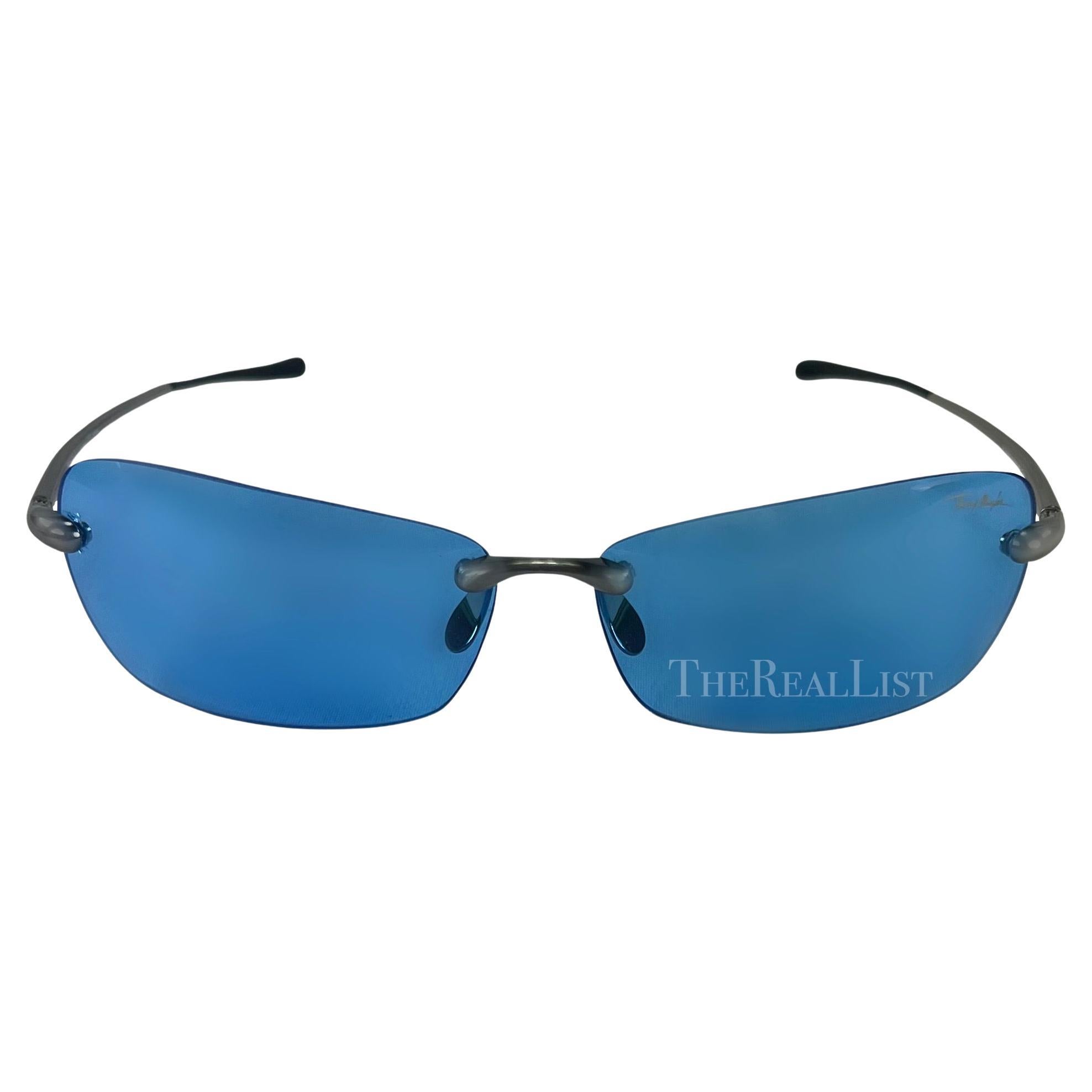 Early 2000s Thierry Mugler Blue Rimless Rectangular Sunglasses  For Sale