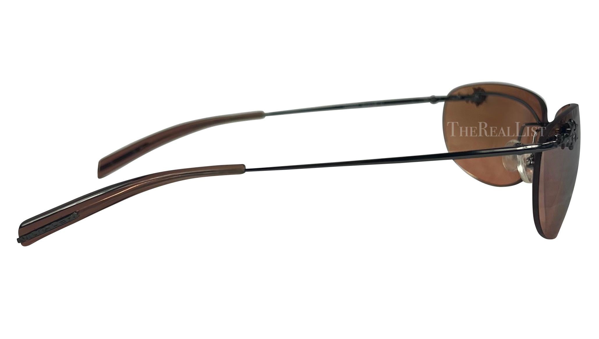Women's Early 2000s Thierry Mugler Brown Star Rimless Rectangular Sunglasses
