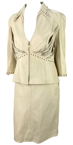 Early 2000s Thierry Mugler Couture Studded Beige Leather Fringe Skirt Suit