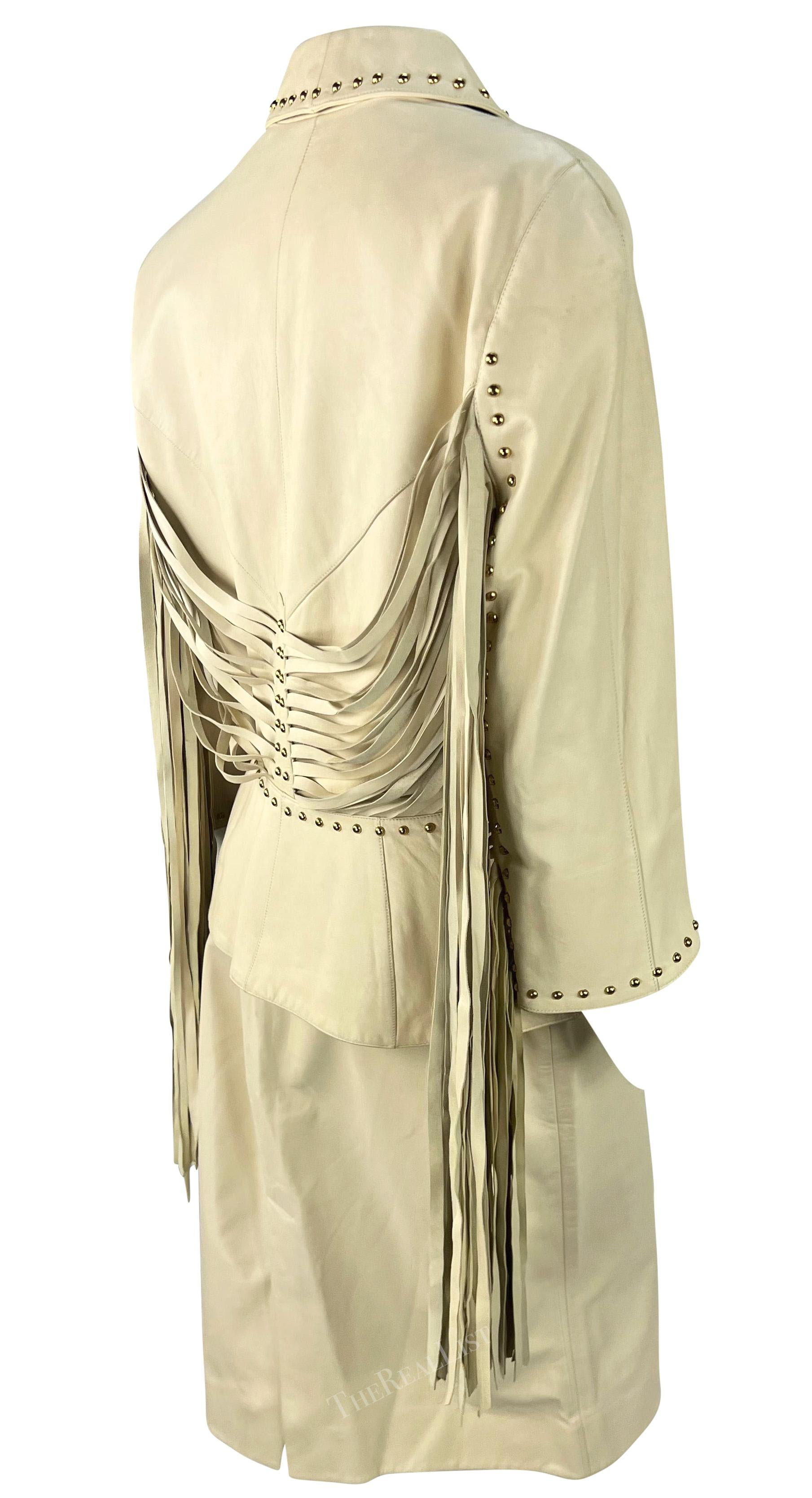 Women's Early 2000s Thierry Mugler Couture Studded Beige Leather Fringe Skirt Suit For Sale