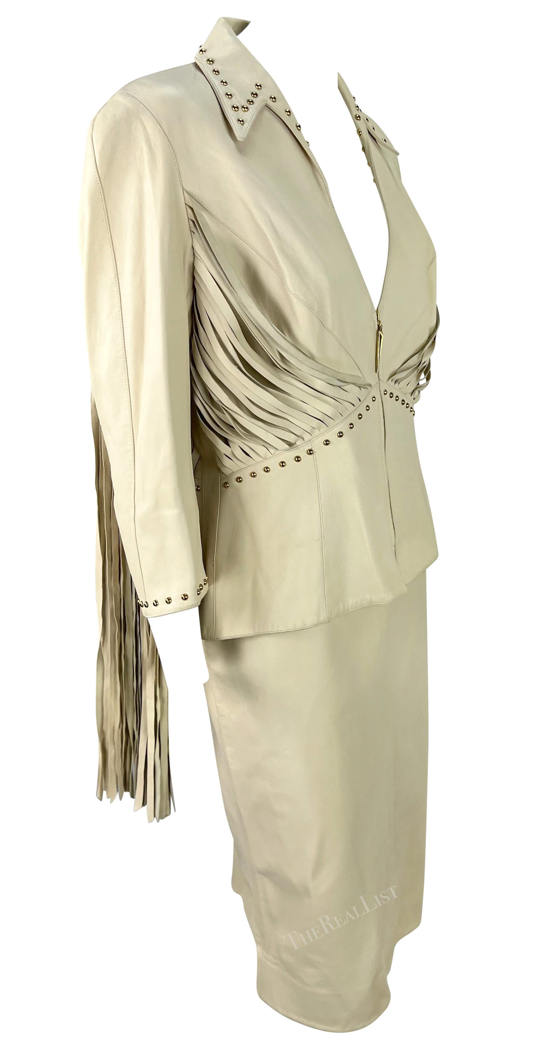 Early 2000s Thierry Mugler Couture Studded Beige Leather Fringe Skirt Suit For Sale 1