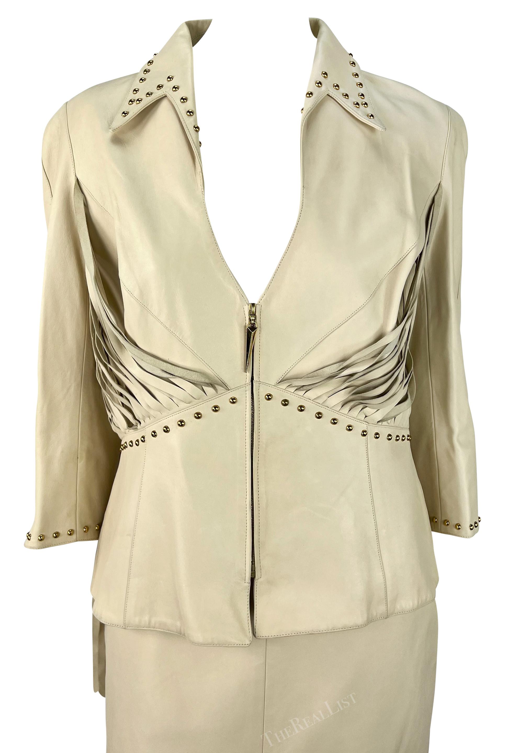 Early 2000s Thierry Mugler Couture Studded Beige Leather Fringe Skirt Suit For Sale 2