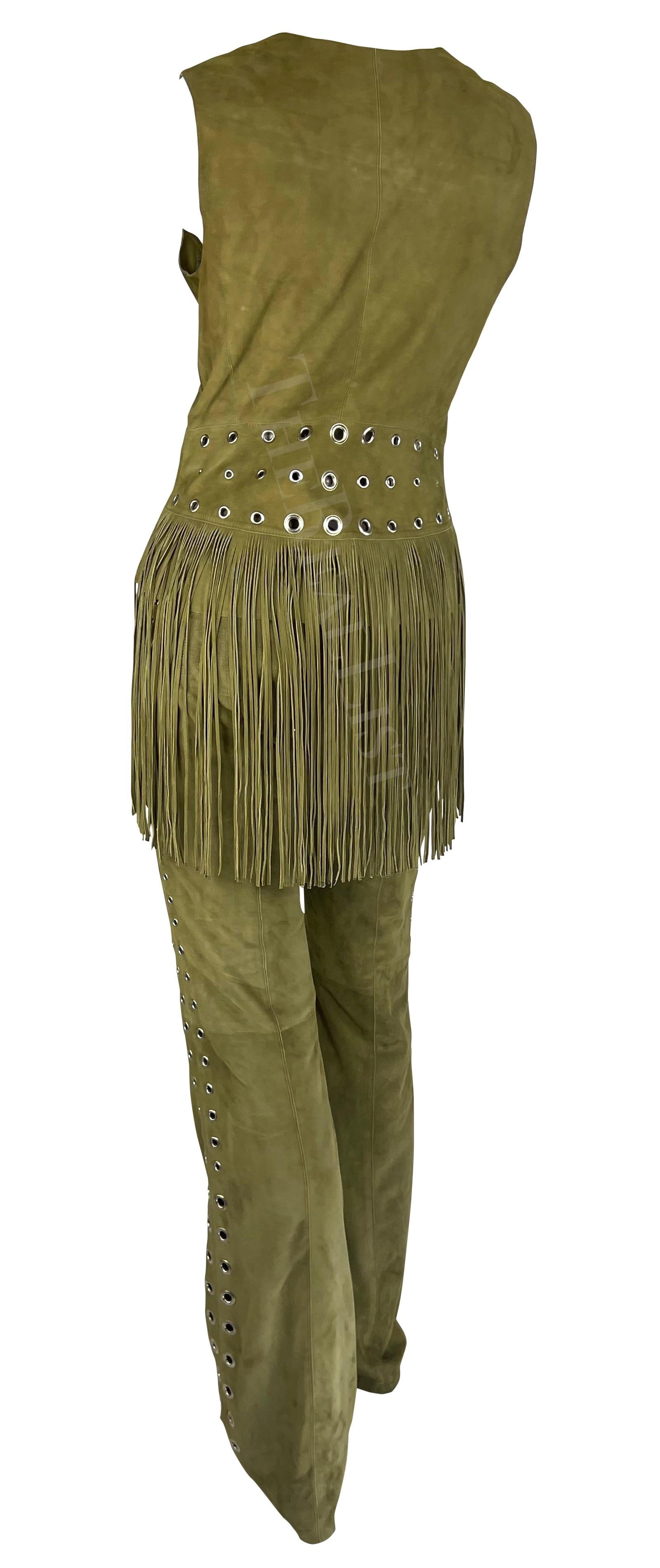 Brown Early 2000s Thierry Mugler Mossy Green Suede Fringe Eyelet Pant Vest Set For Sale