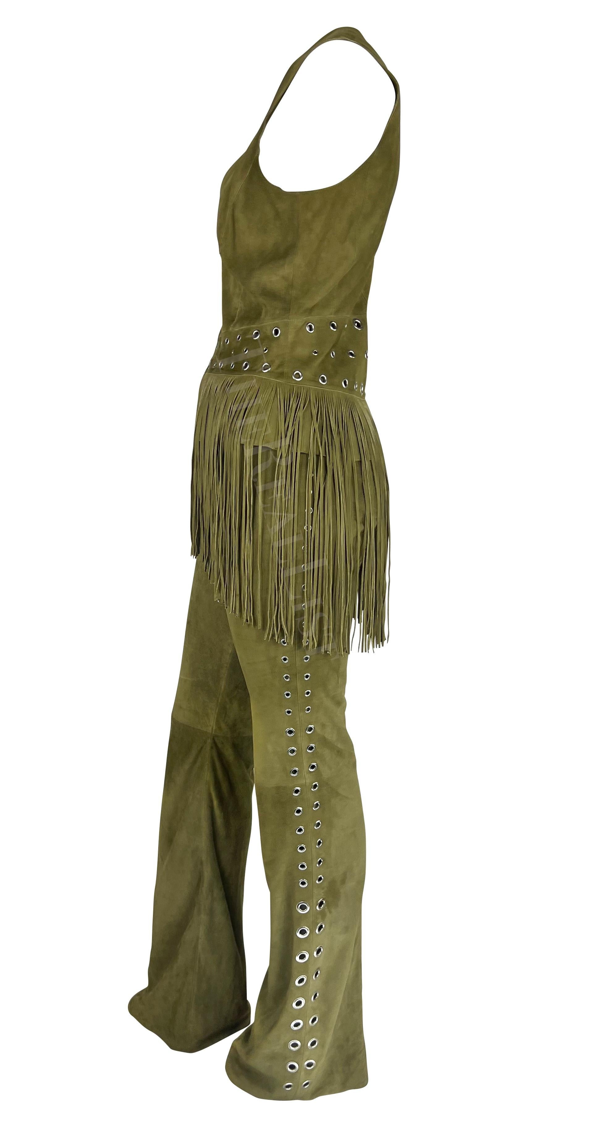 Women's Early 2000s Thierry Mugler Mossy Green Suede Fringe Eyelet Pant Vest Set  For Sale