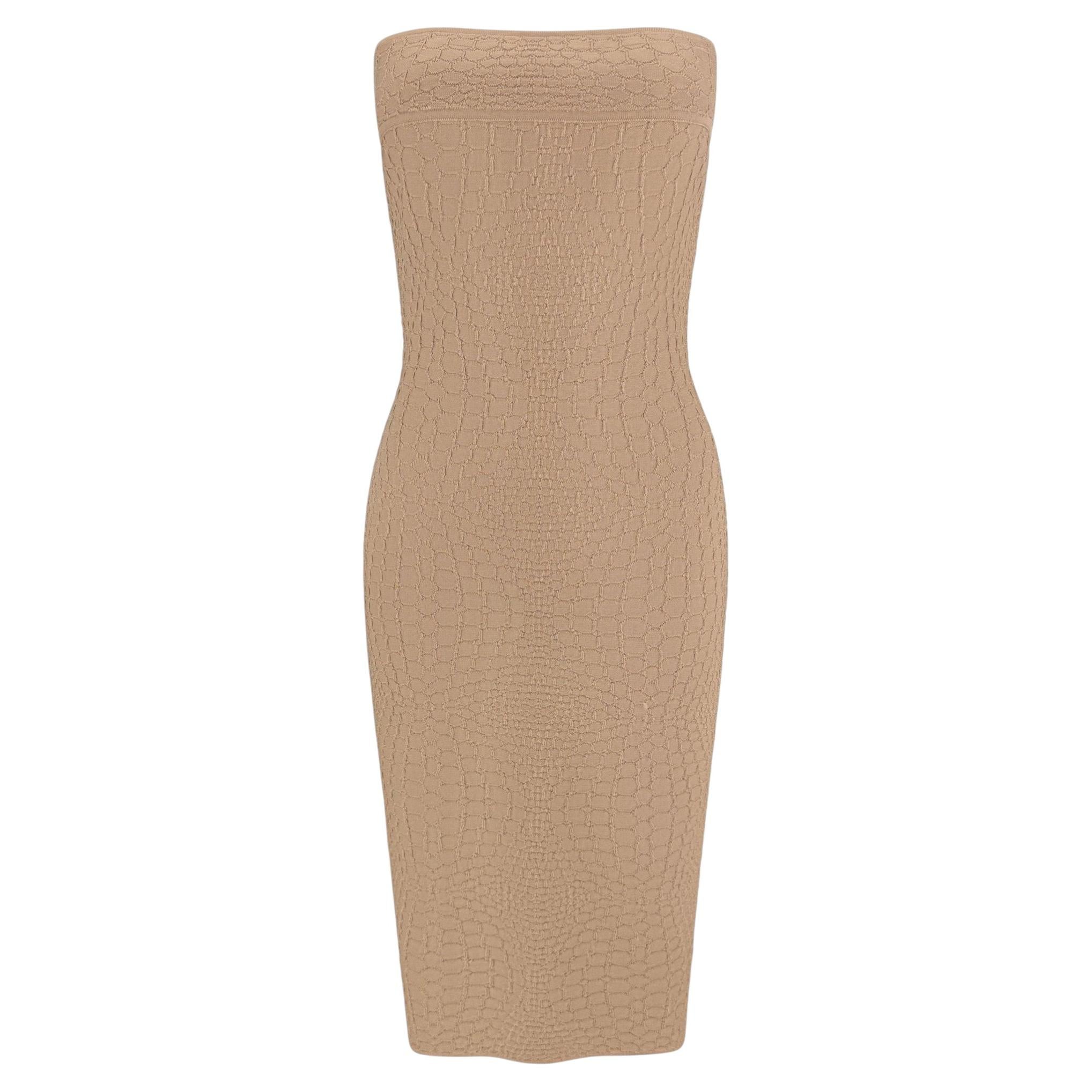 Robe tube en maille extensible couleur beige à texture peau de serpent, Thierry Mugler, début des années 2000 en vente
