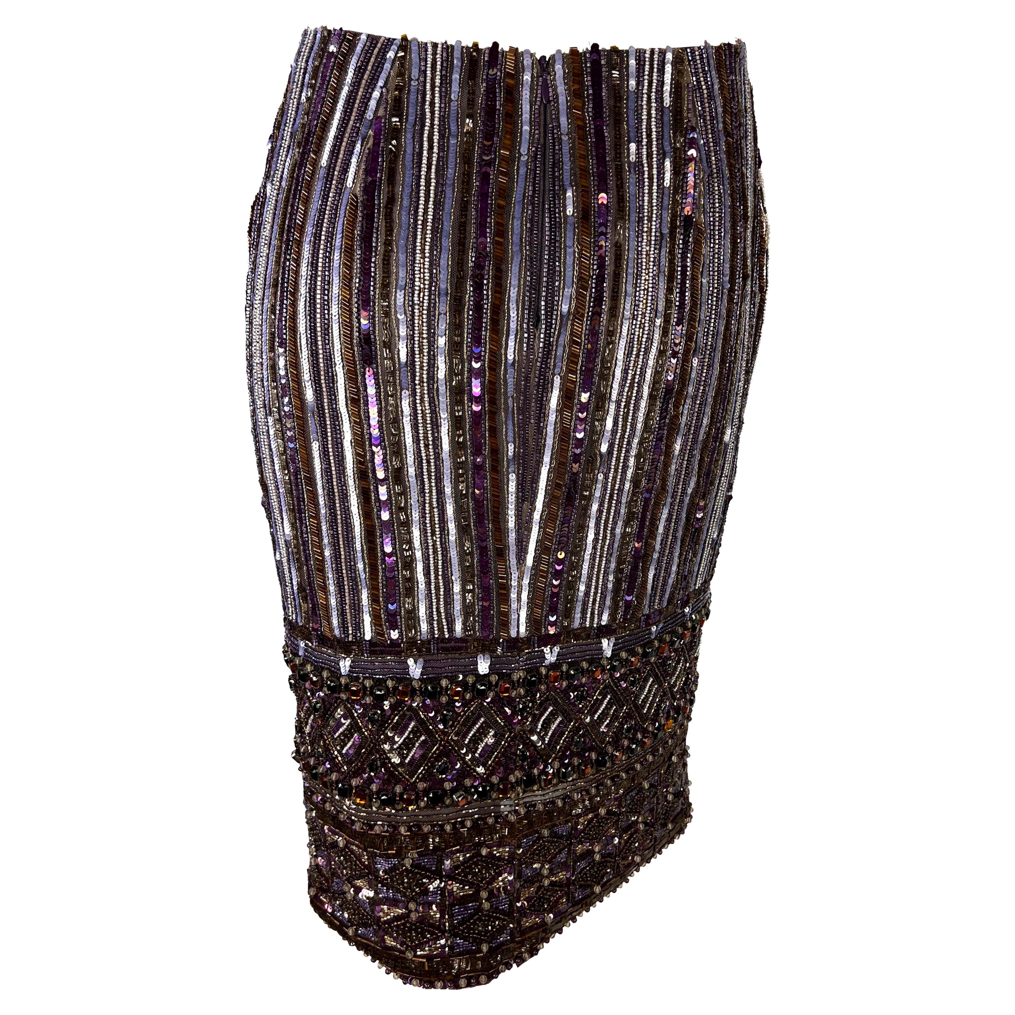 Black Early 2000s Valentino Garavani Aubergine Rhinestone Heavily Beaded Pencil Skirt For Sale