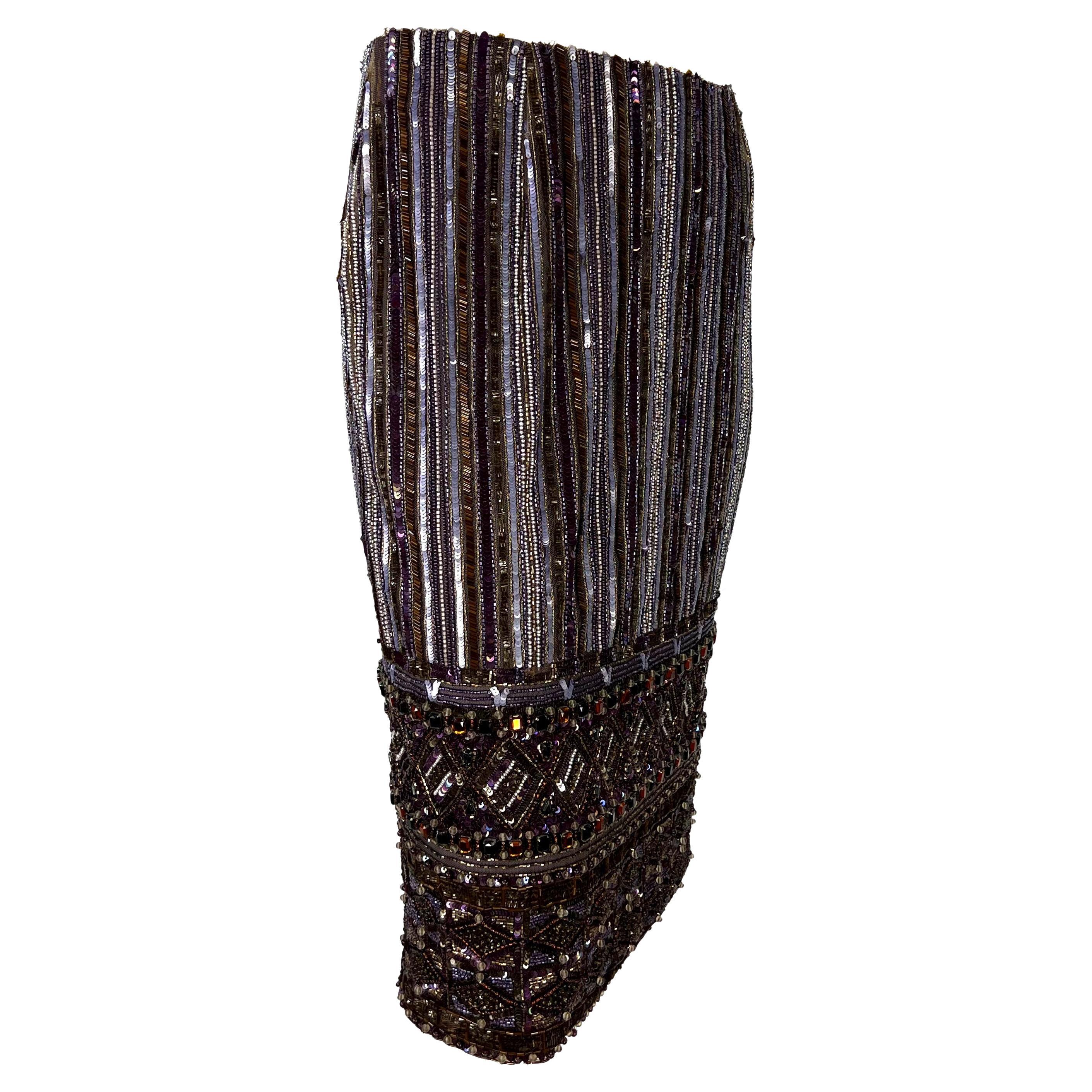 Early 2000s Valentino Garavani Aubergine Rhinestone Heavily Beaded Pencil Skirt In Good Condition For Sale In West Hollywood, CA
