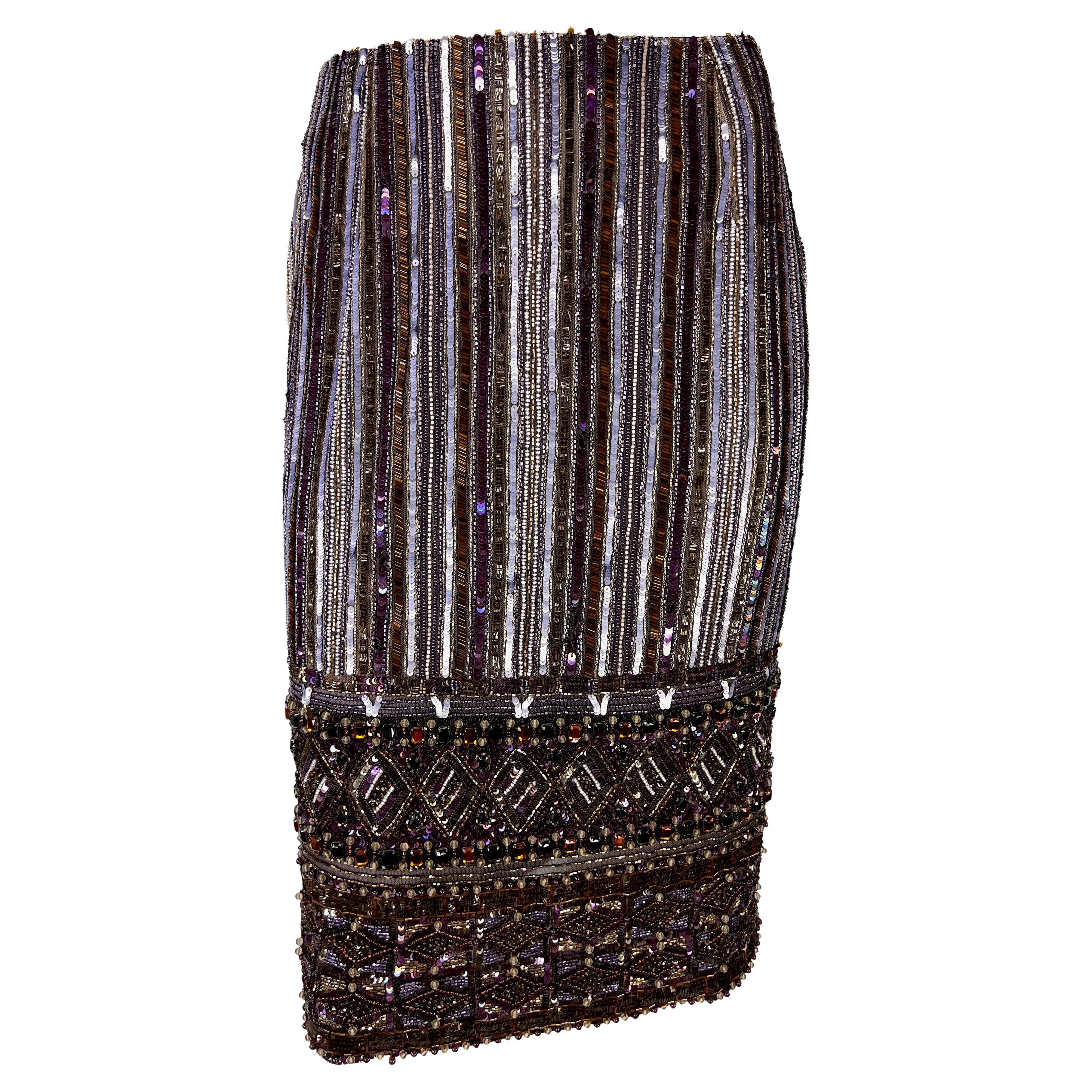 Early 2000s Valentino Garavani Aubergine Rhinestone Heavily Beaded Pencil Skirt For Sale