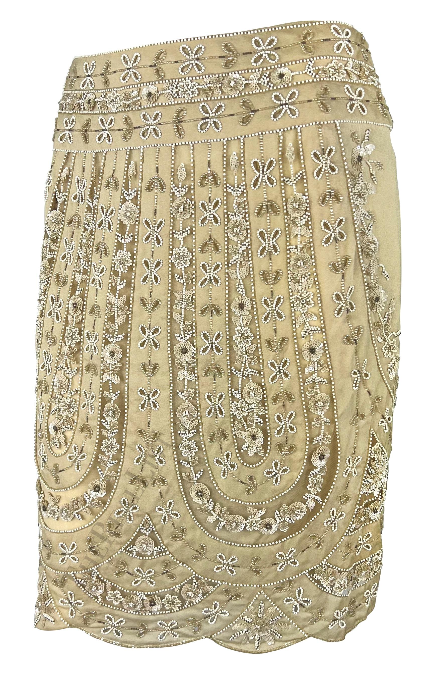 Early 2000s Valentino Garavani Tan Sheer Panel Floral Beaded Skirt In Excellent Condition For Sale In West Hollywood, CA