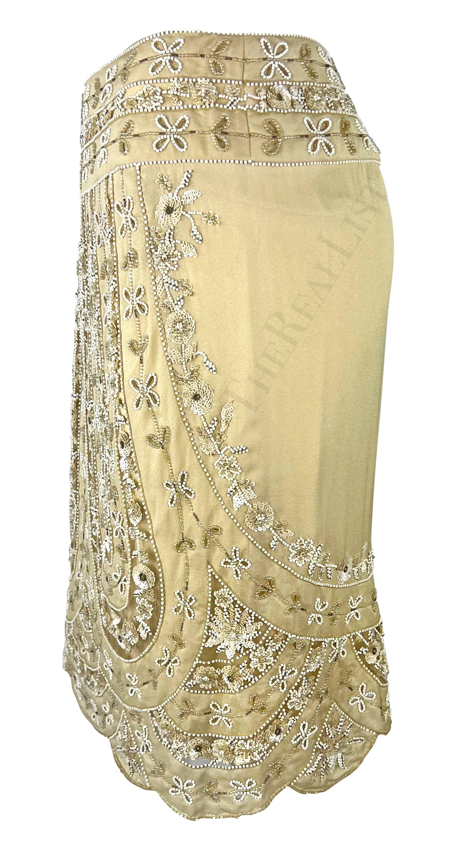 Women's Early 2000s Valentino Garavani Tan Sheer Panel Floral Beaded Skirt For Sale