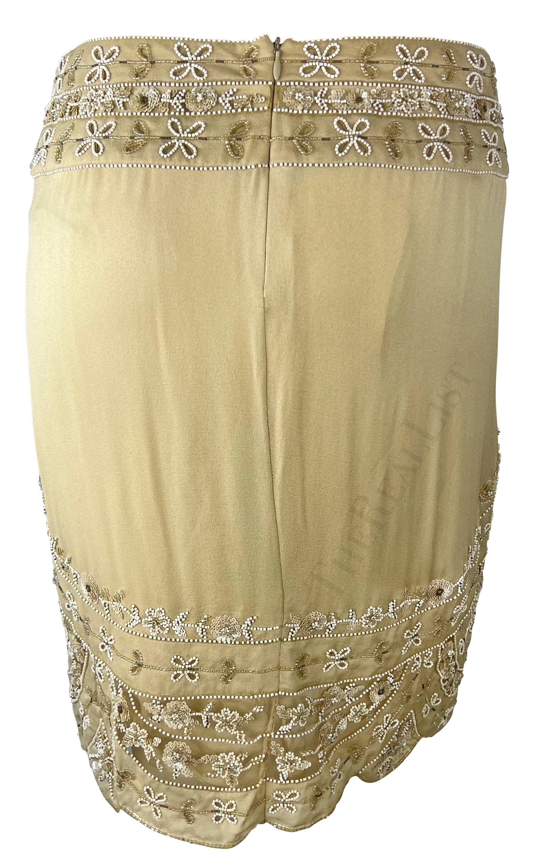 Early 2000s Valentino Garavani Tan Sheer Panel Floral Beaded Skirt For Sale 1
