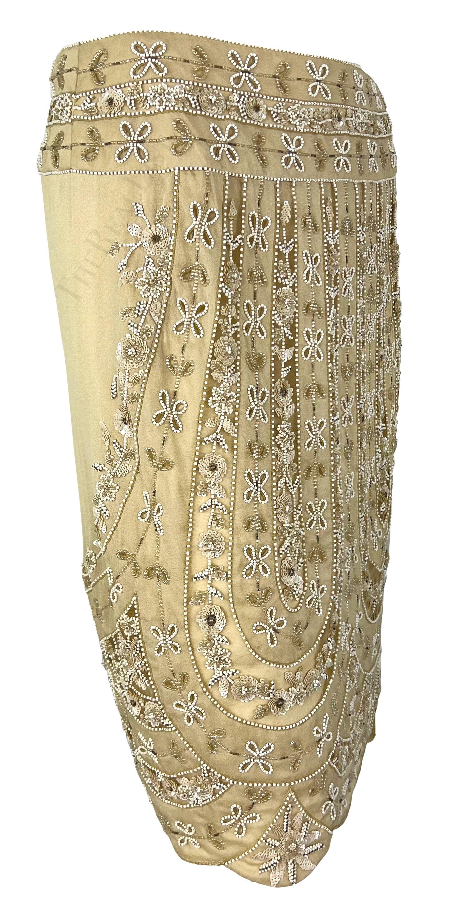 Early 2000s Valentino Garavani Tan Sheer Panel Floral Beaded Skirt For Sale 3