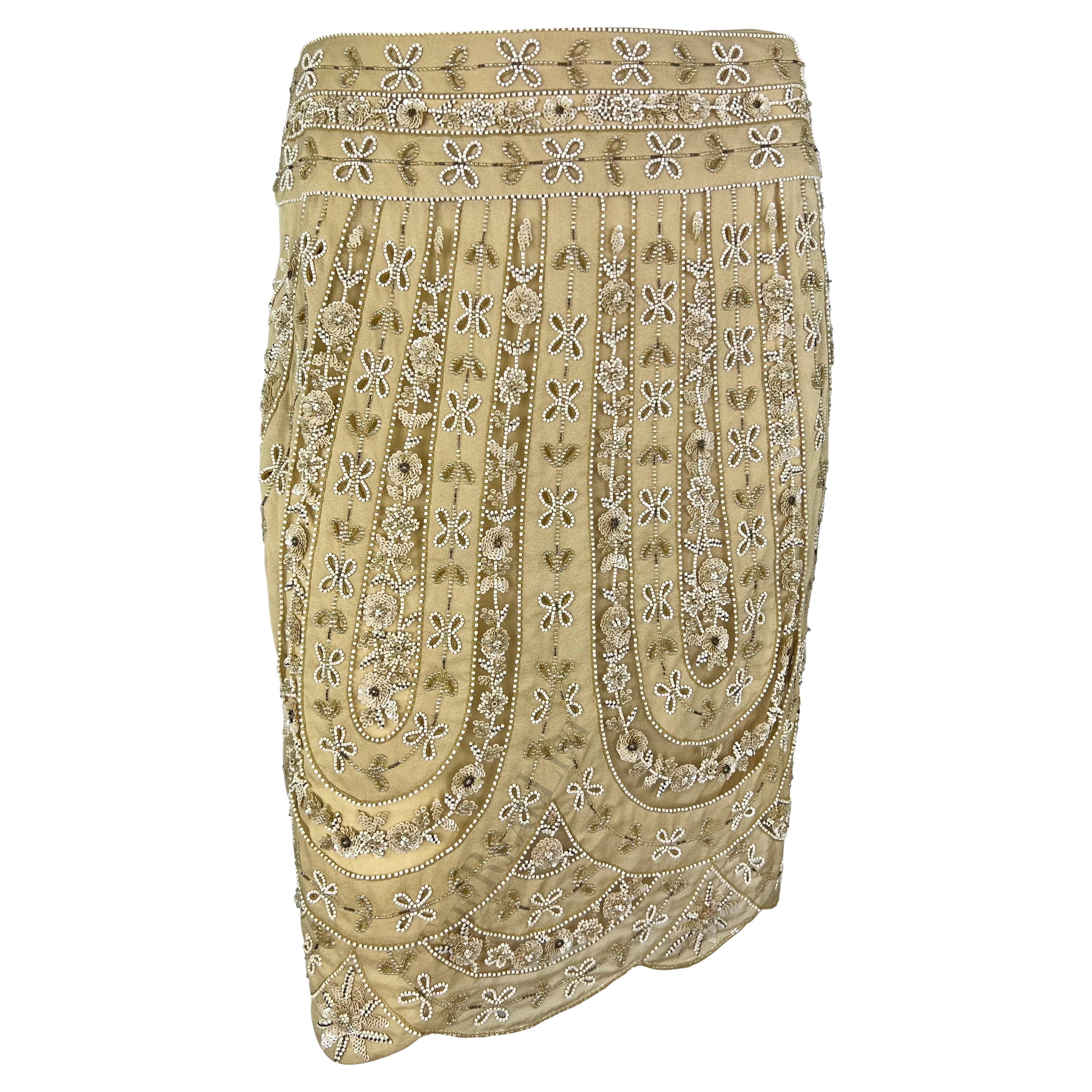 Early 2000s Valentino Garavani Tan Sheer Panel Floral Beaded Skirt For Sale