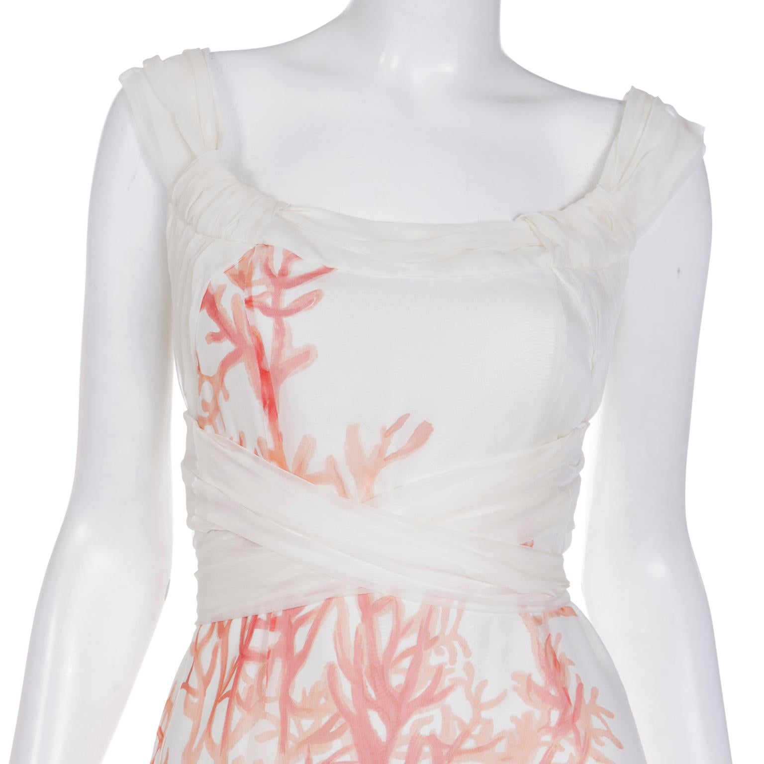 Early 2000s Valentino Ivory Silk Chiffon Coral Print Dress With Long Sash For Sale 5
