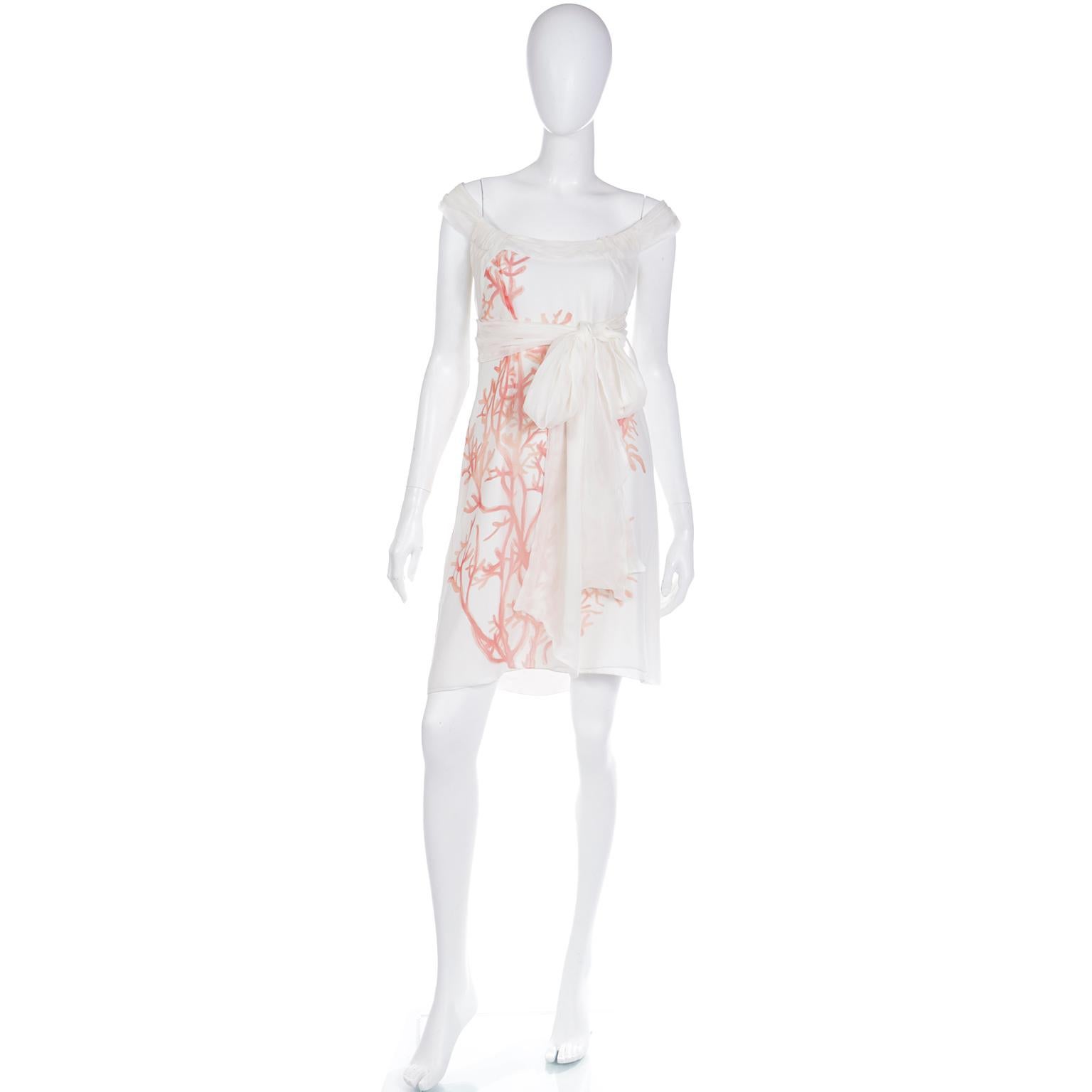 Beige Early 2000s Valentino Ivory Silk Chiffon Coral Print Dress With Long Sash For Sale