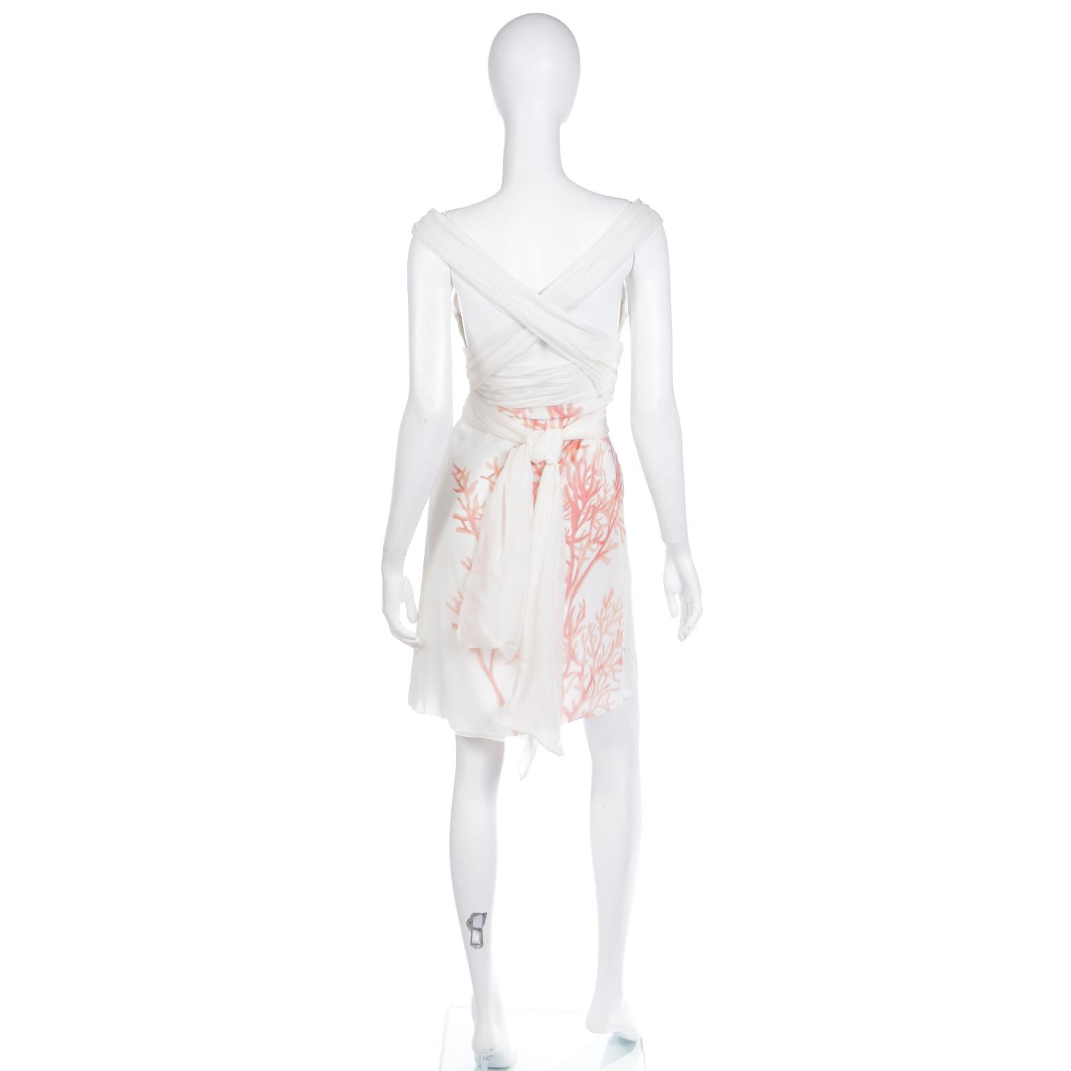Early 2000s Valentino Ivory Silk Chiffon Coral Print Dress With Long Sash For Sale 1