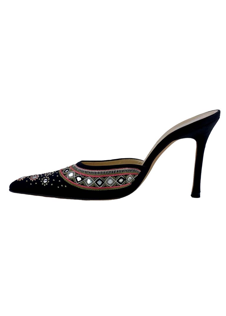 Early 2000s Versace by Donatella Mirror Embroidered Silk Satin Mule 4.5 ...