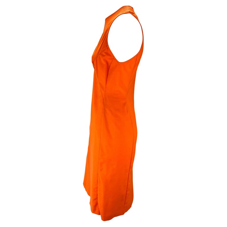 Red Early 2000s Versace by Donatella Neon Orange Wool Blend Sleeveless Dress For Sale
