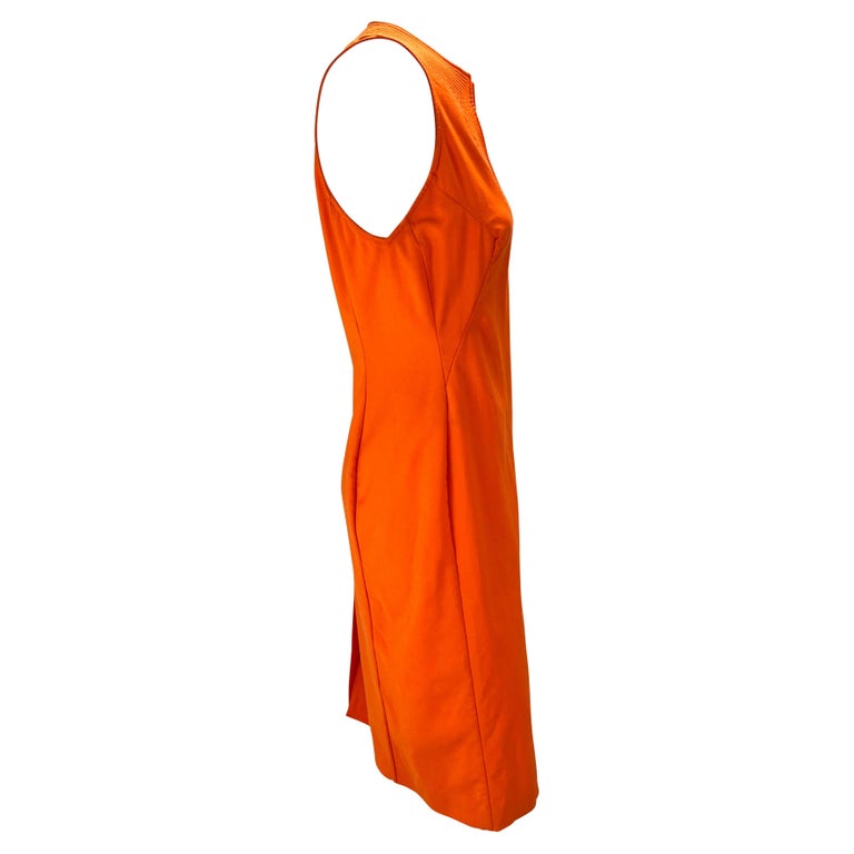 Women's Early 2000s Versace by Donatella Neon Orange Wool Blend Sleeveless Dress For Sale