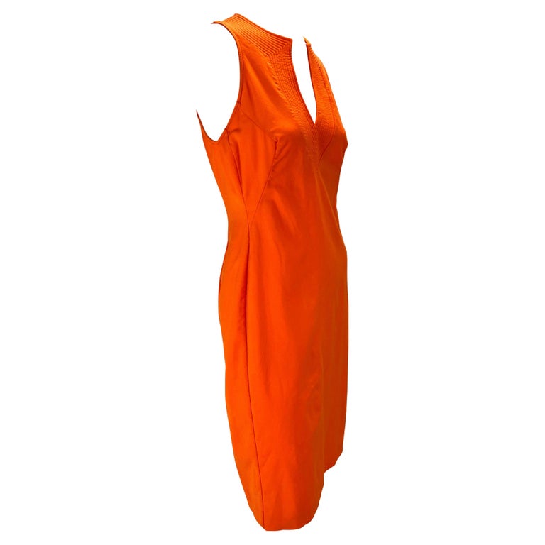 Early 2000s Versace by Donatella Neon Orange Wool Blend Sleeveless Dress For Sale 1