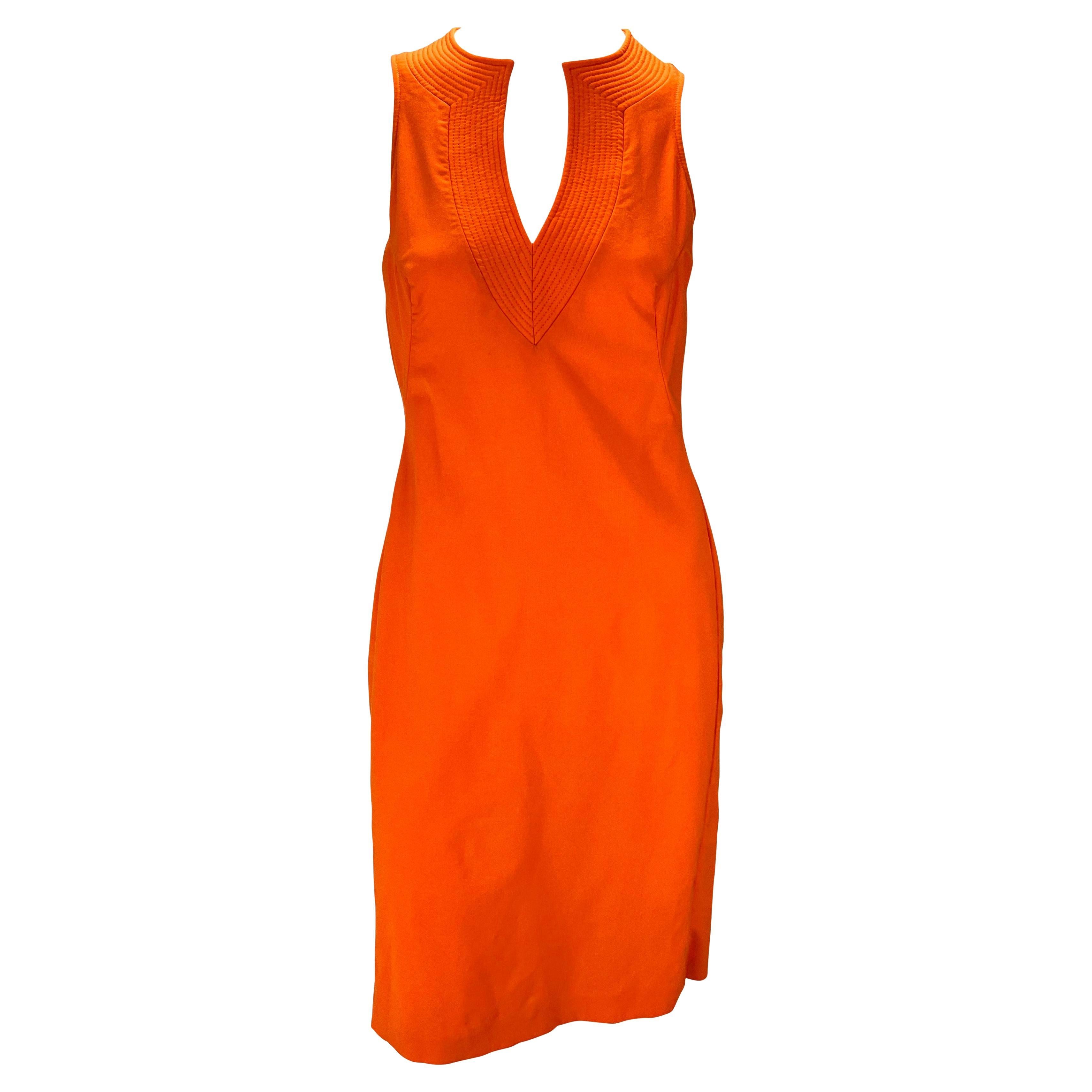 Early 2000s Versace by Donatella Neon Orange Wool Blend Sleeveless Dress