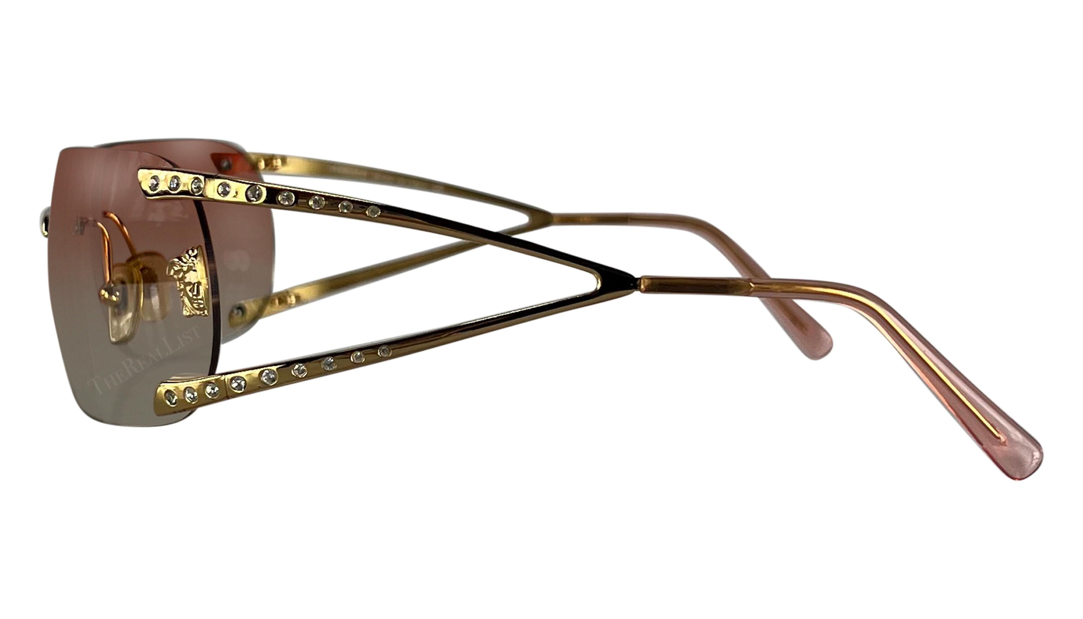 Early 2000s Versace by Donatella Pink Gold-Tone Rhinestone Rimless Sunglasses In Excellent Condition For Sale In West Hollywood, CA