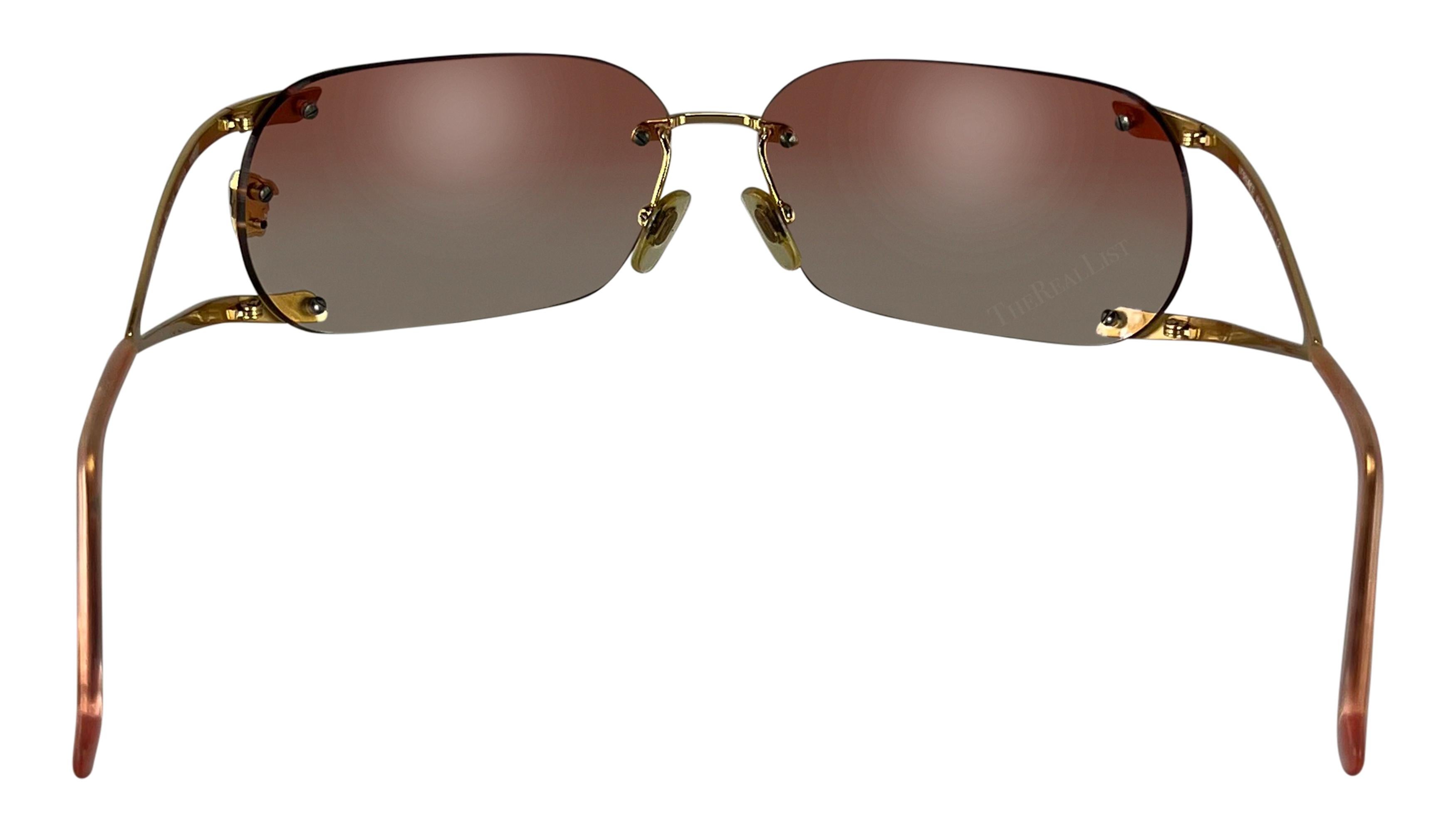 Women's Early 2000s Versace by Donatella Pink Gold-Tone Rhinestone Rimless Sunglasses For Sale