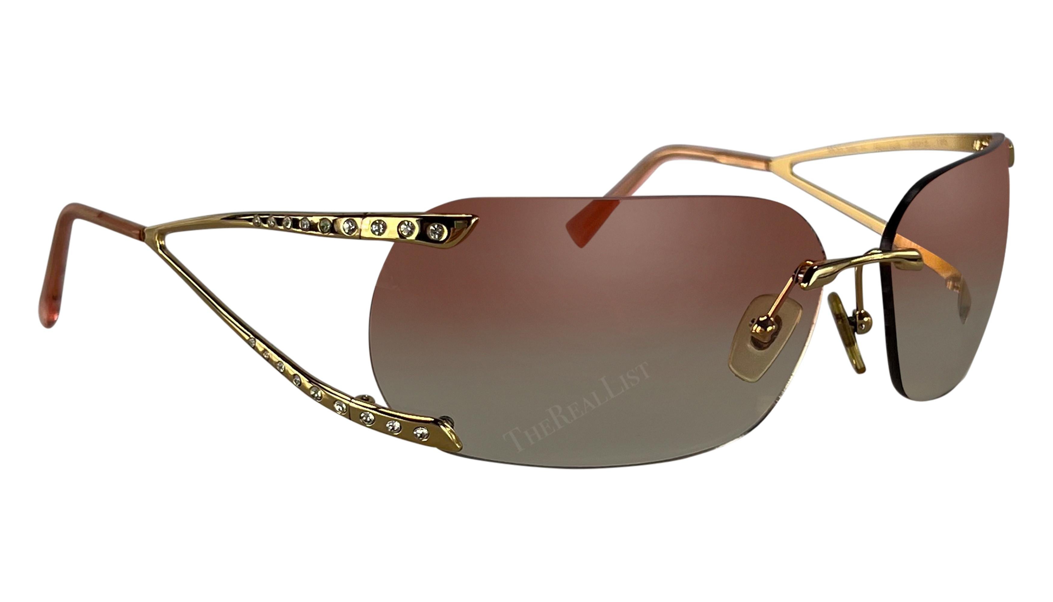 Early 2000s Versace by Donatella Pink Gold-Tone Rhinestone Rimless Sunglasses For Sale 1